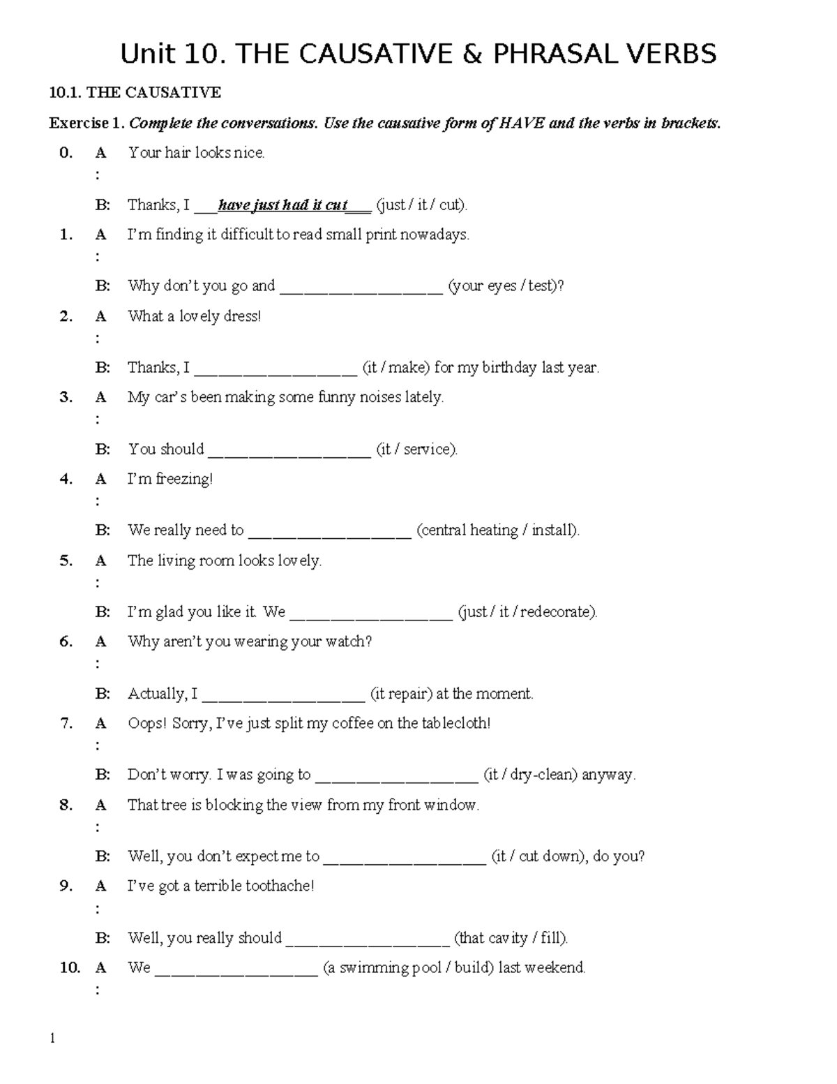 [HW] Unit 10. Causative Verb Patterns & Phrasal Verbs Exercises - Studocu