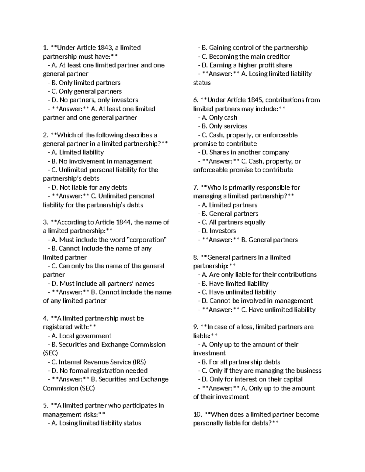 law on partnership review - Under Article 1843, a limited partnership ...