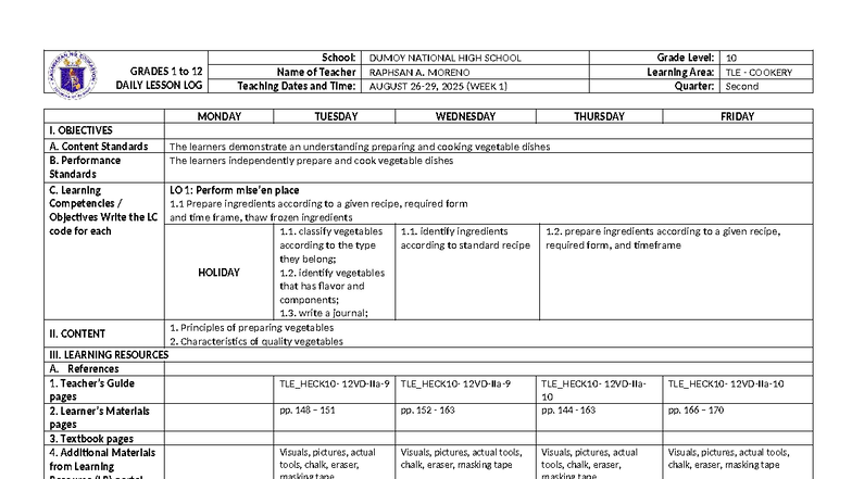 DLL TLE 10 Q2 W1 - Daily Lesson Log for Cookery - Studocu