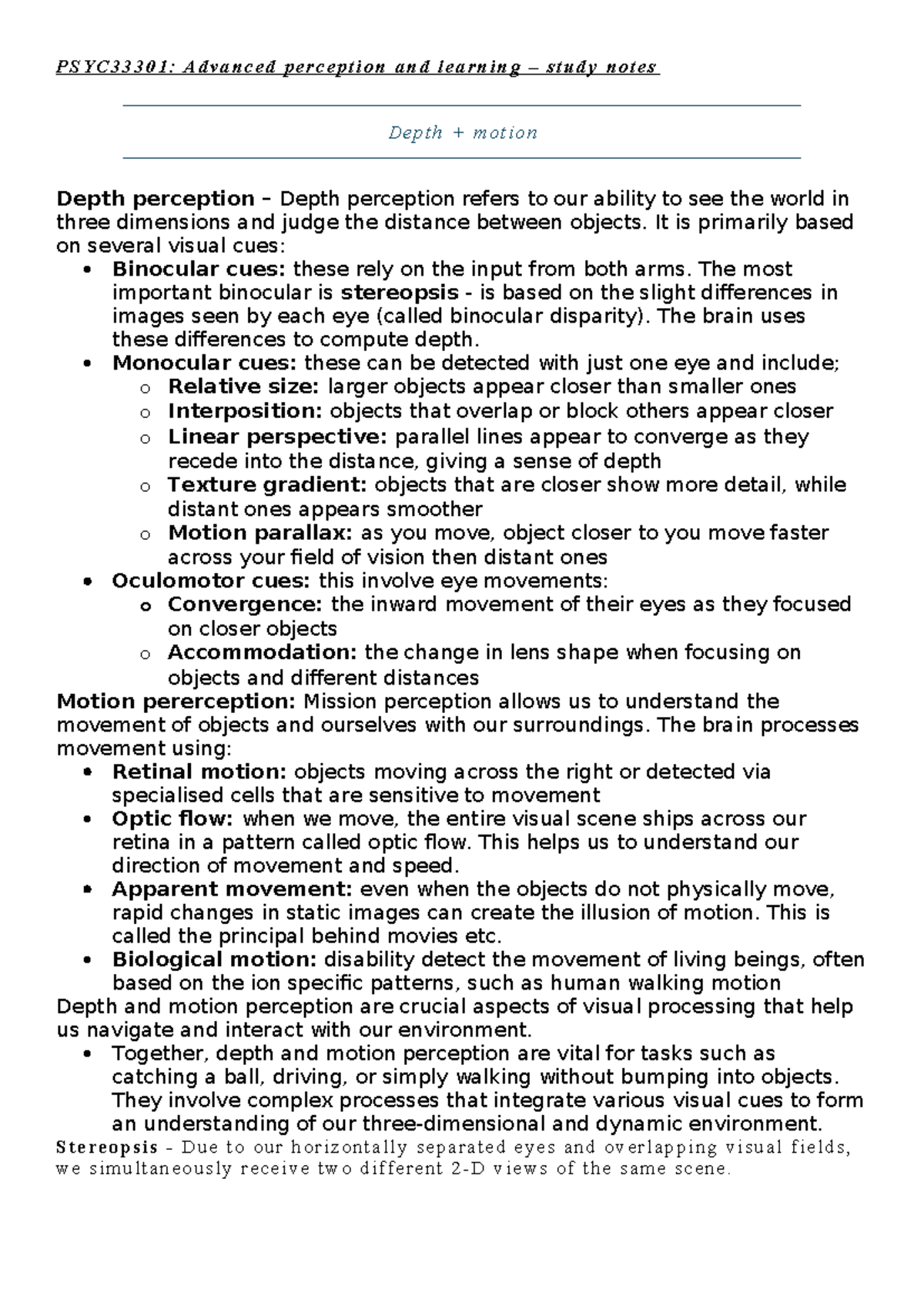 P S Y C 3 3 3 0 1: Advanced Perception - Depth and Motion Study Notes ...