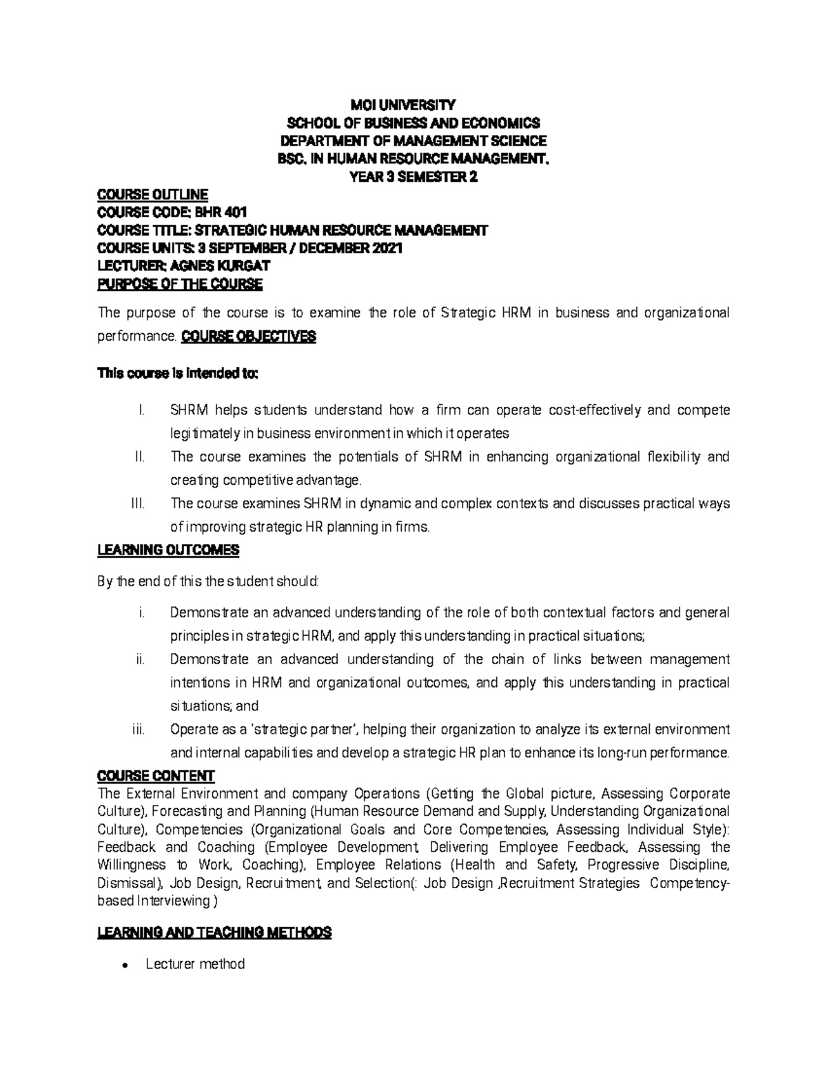 BHR 401 Strategic Human Resource Management Course Outline and Notes ...
