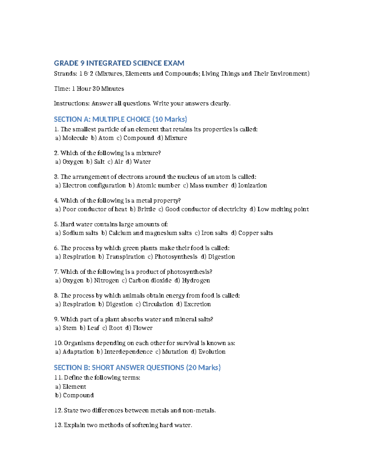 GRADE 9 INTEGRATED SCIENCE FINAL EXAM: STRANDS 1 & 2 (Mixtures & Living ...