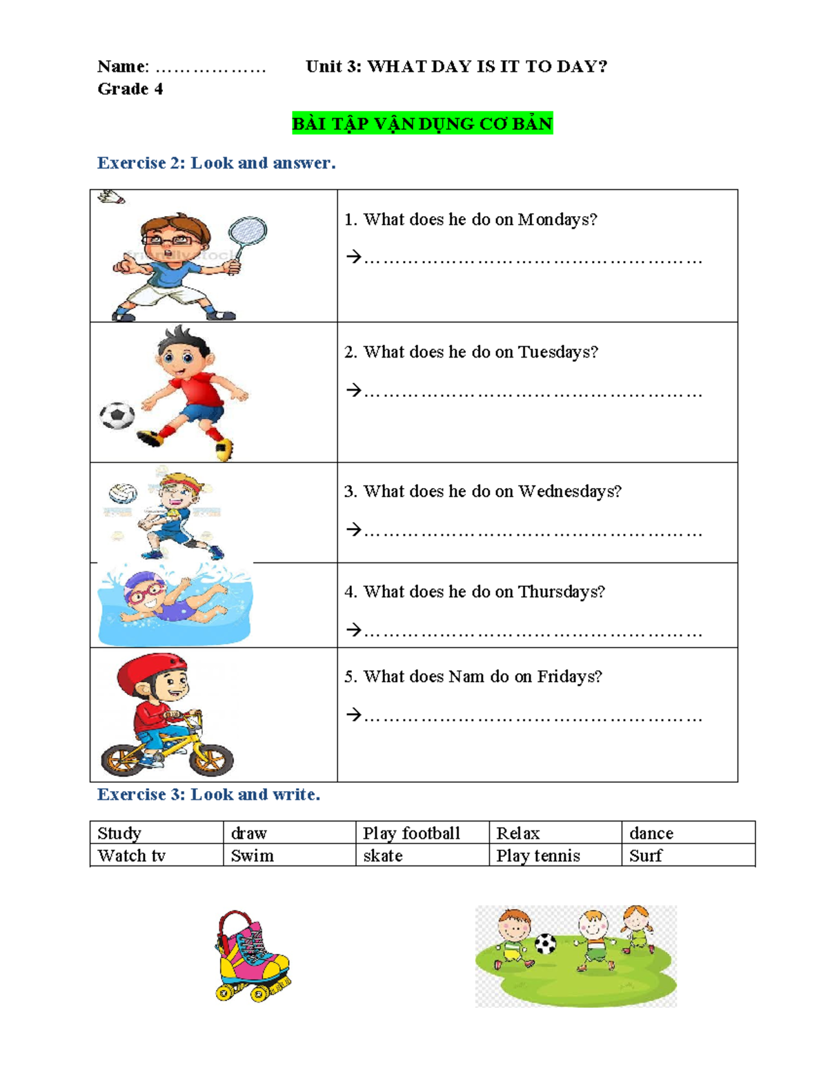 Grade 4 Unit 3: What Day Is It Today? Exercises and Activities - Studocu