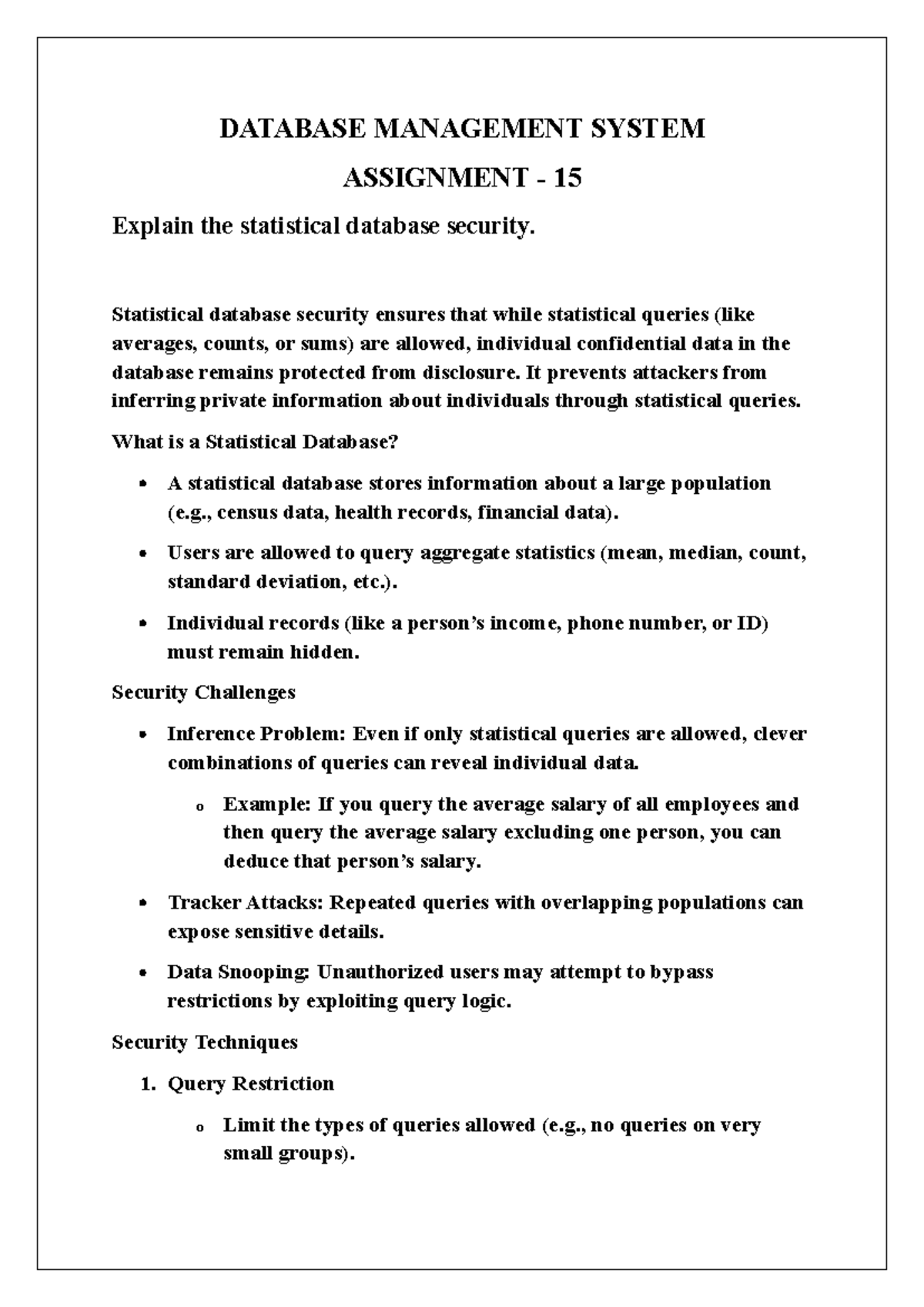 DBMS SEM 2 Assignment 15: Statistical Database Security Explained - Studocu