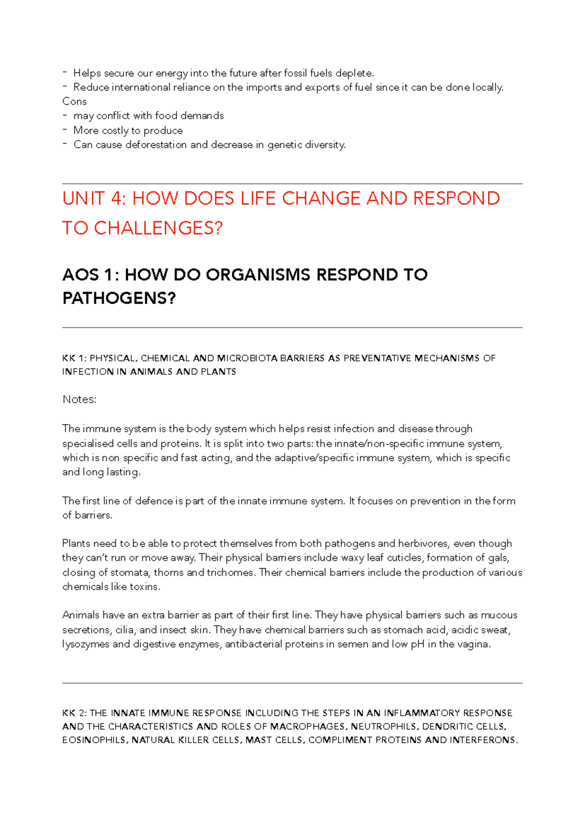 Biology Units 3+4: Immune Response and Pathogen Control Notes - Studocu