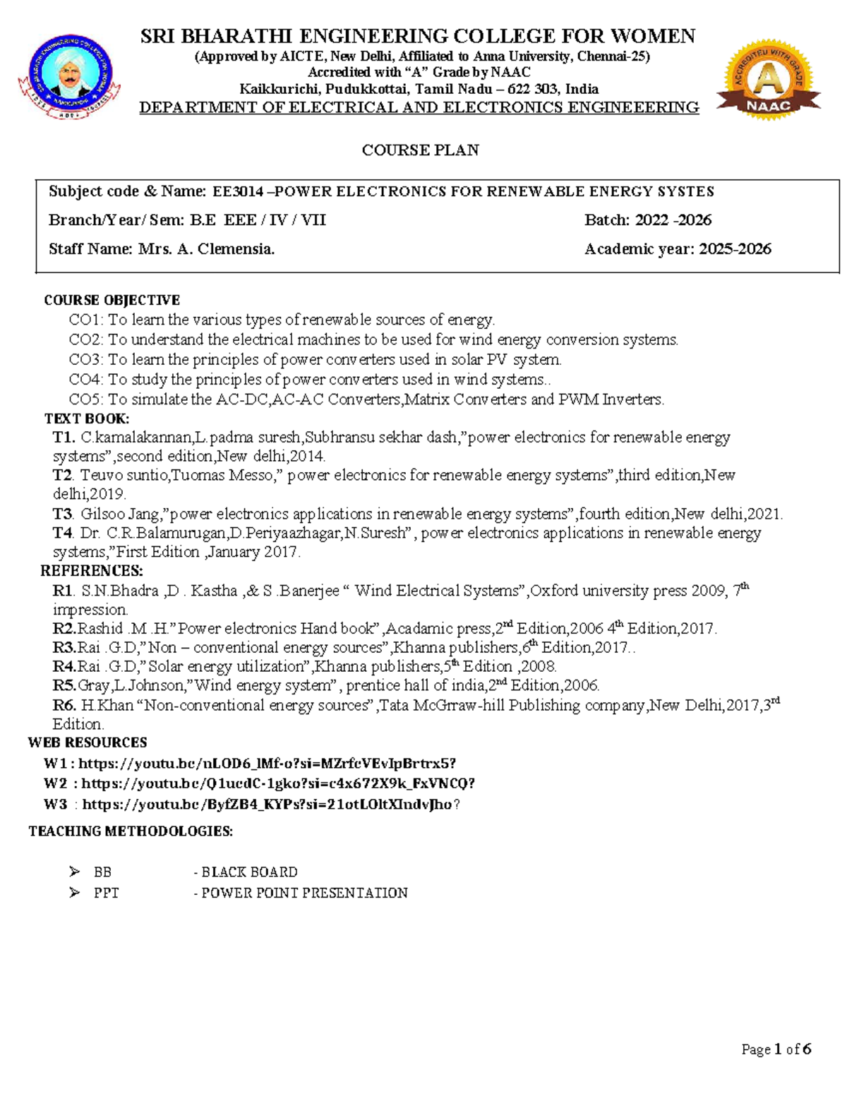 EE3014 Course Plan: Power Electronics for Renewable Energy Systems ...