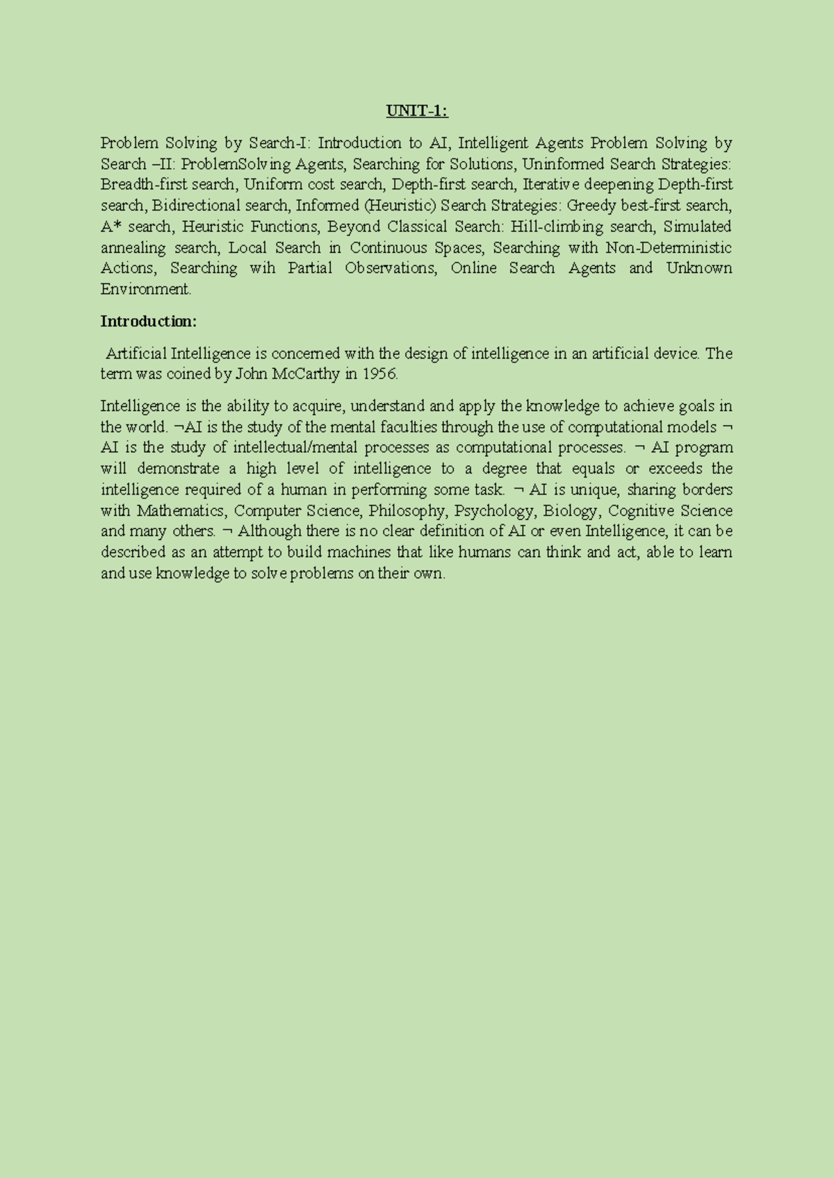 AI 101: Problem Solving & Search Strategies - UNIT1 Notes - Studocu