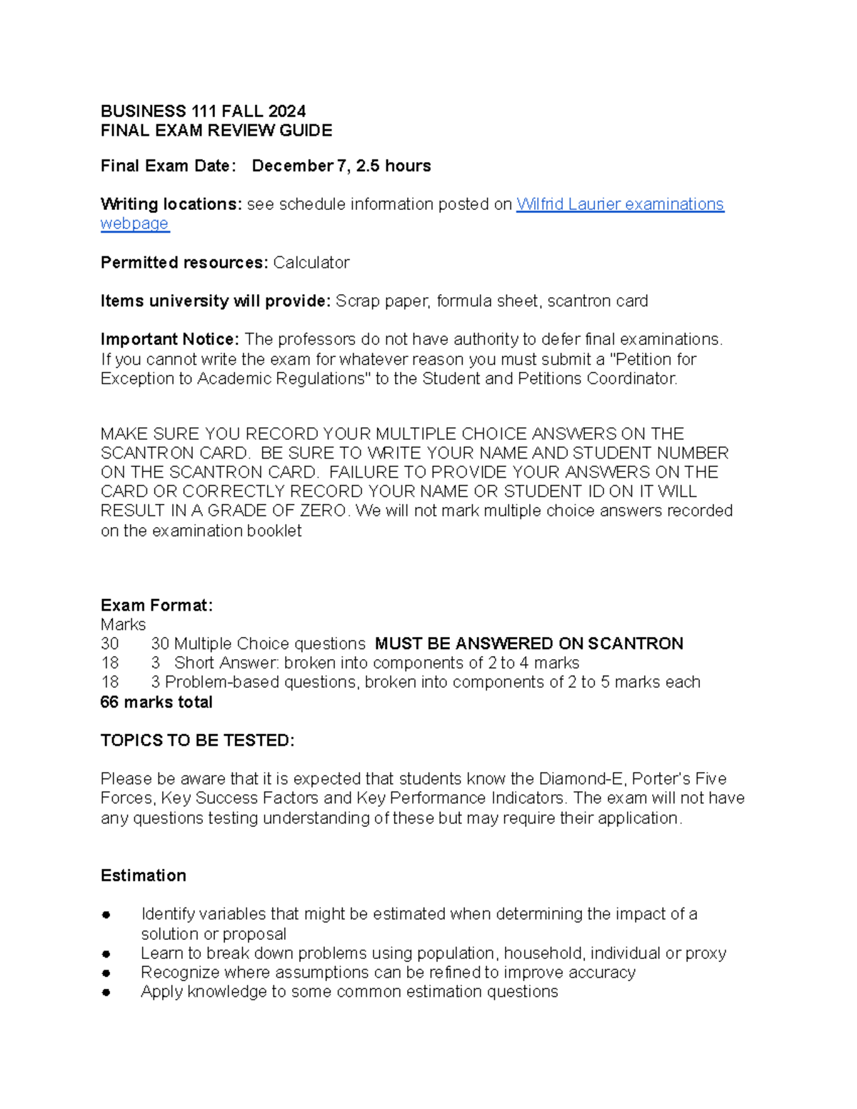 BU111 Final Exam Review - BUSINESS 111 FALL 2024 FINAL EXAM REVIEW ...
