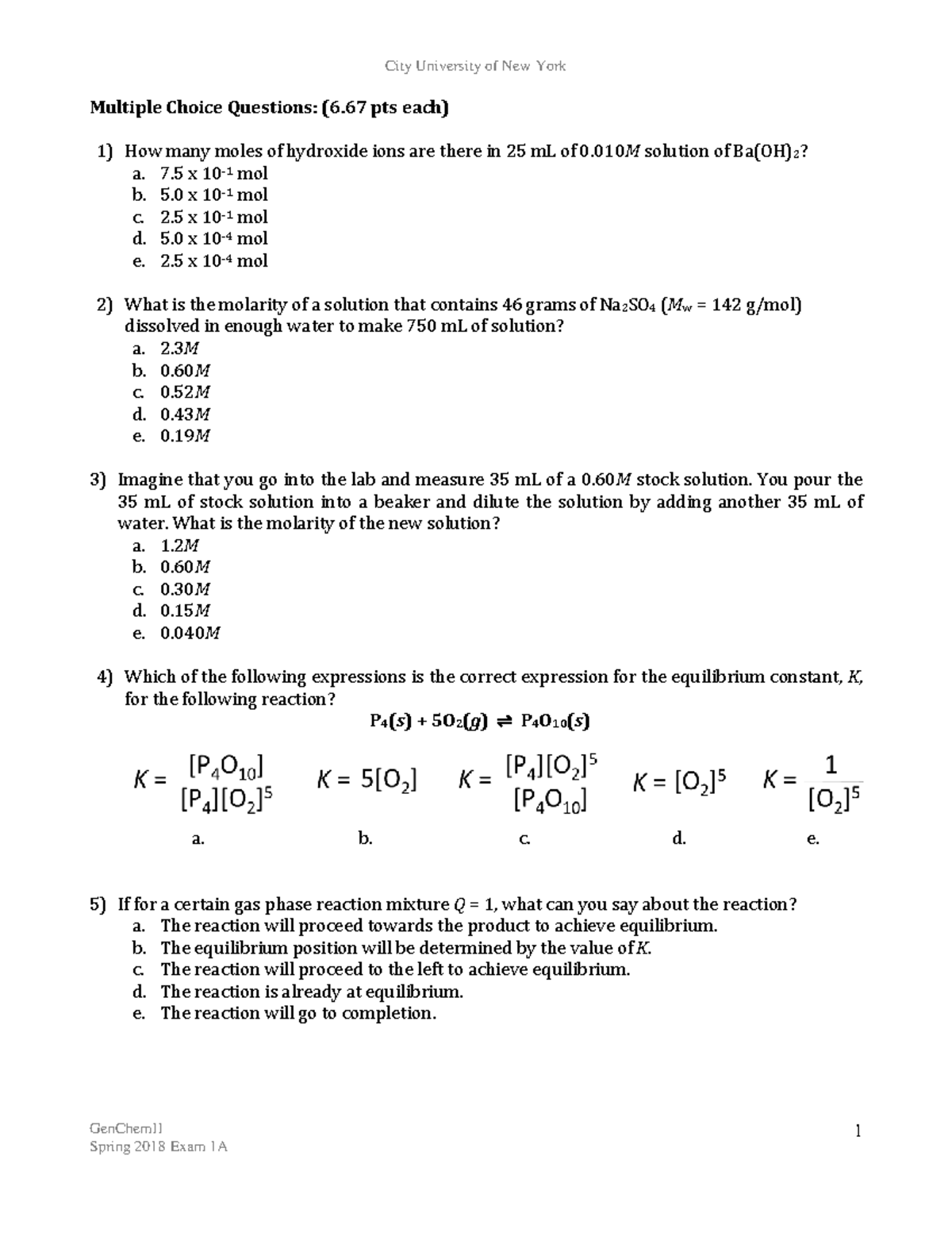 GenChemII Spring 2018 Exam 1A: Multiple Choice Questions - Studocu