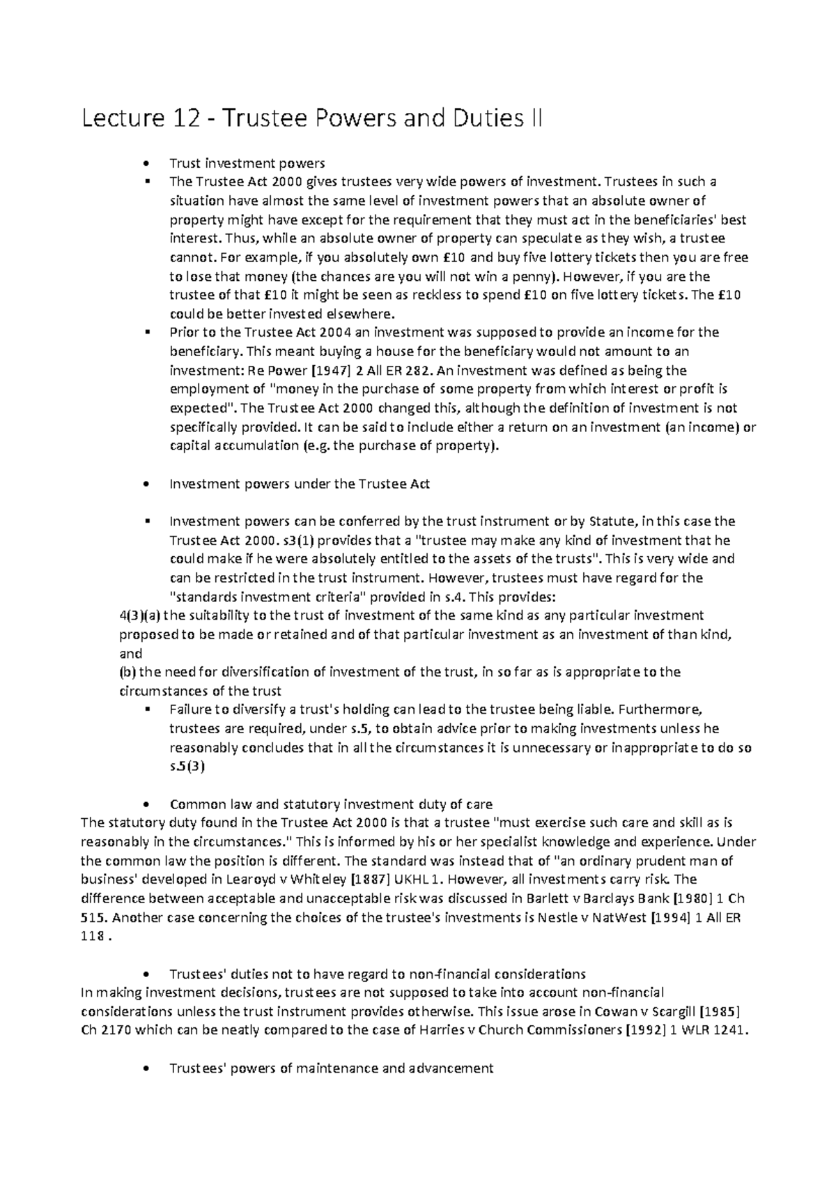 Lecture 11 - trustees powers and duties - Lecture 12 - Trustee Powers ...