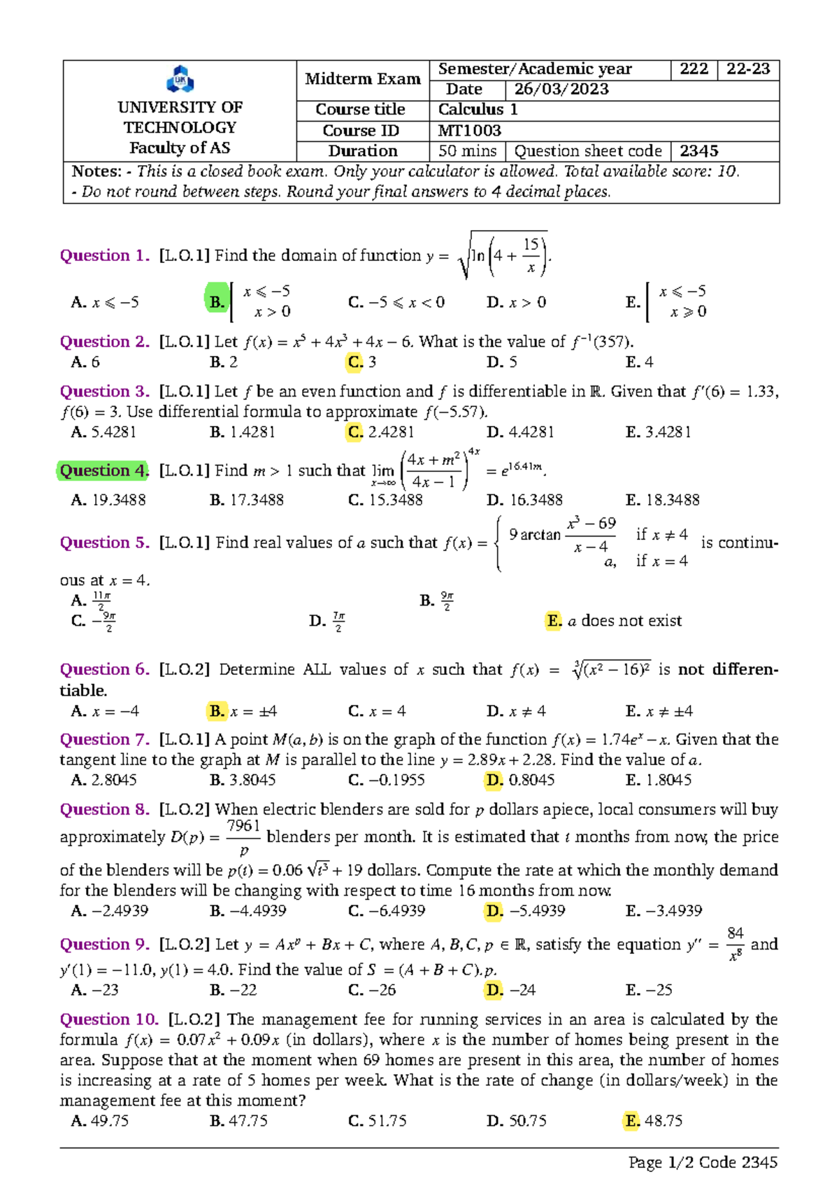 Midterm Exam MT1003: Calculus 1 Question Sheet - Studocu