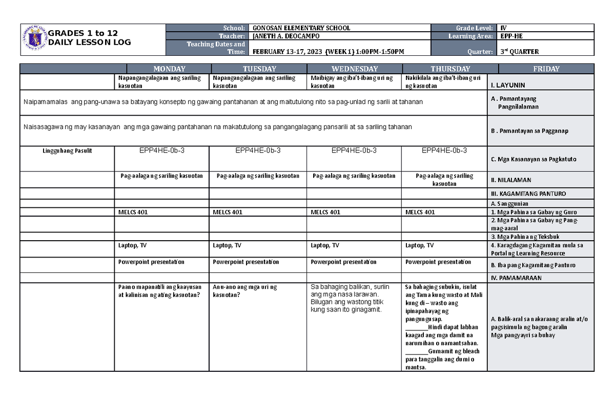 DLL EPP 4 Home Economics Weekly Lesson Plan for Week 1 - Studocu