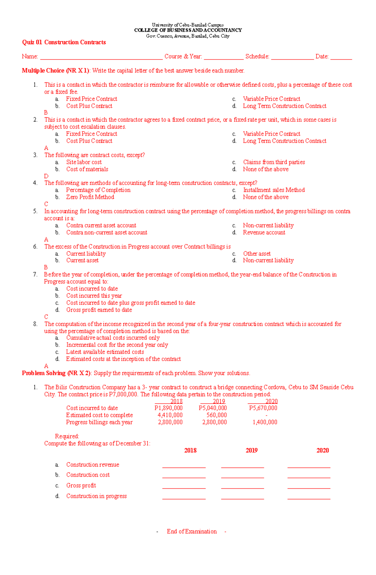 Quiz 01 Answer Key for Construction Contracts (CBA) - Studocu