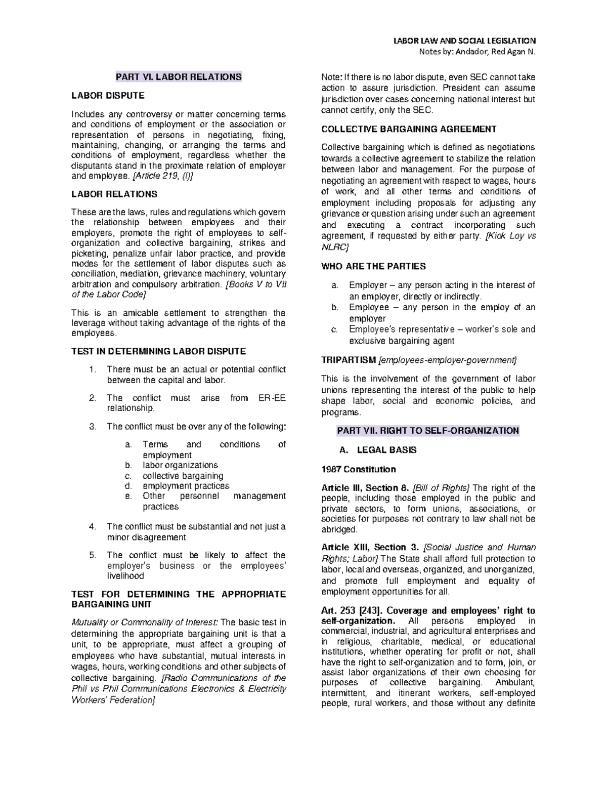 Labor Law 1: Notes on Labor Relations and Disputes - Studocu