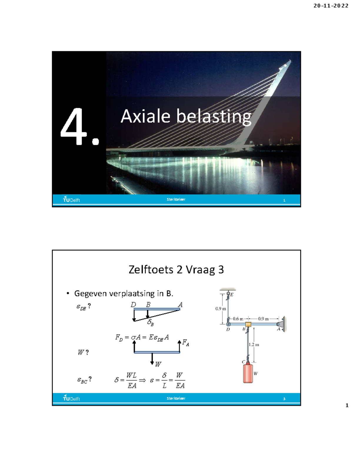 Sterkteleer 1 - Zelftoets 2: Analyse van Statisch Onbepaalde ...