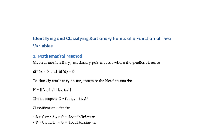 Stationary Points Analysis in Functions of Two Variables - Math 101 ...