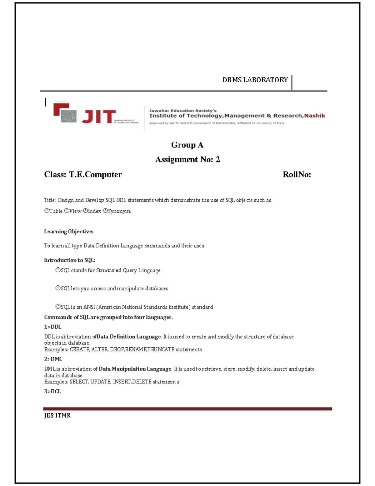 DBMS Assignment 2: DDL SQL Statements & Object Usage Guide - Studocu