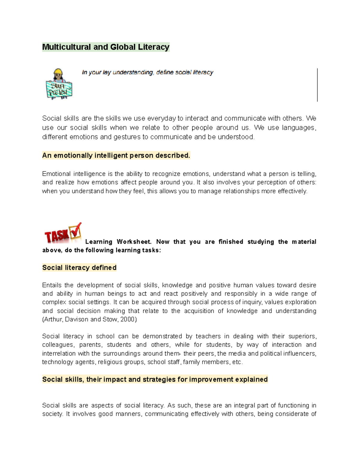 Educ 7 Portfolio - Multicultural and Global Literacy Social skills are ...