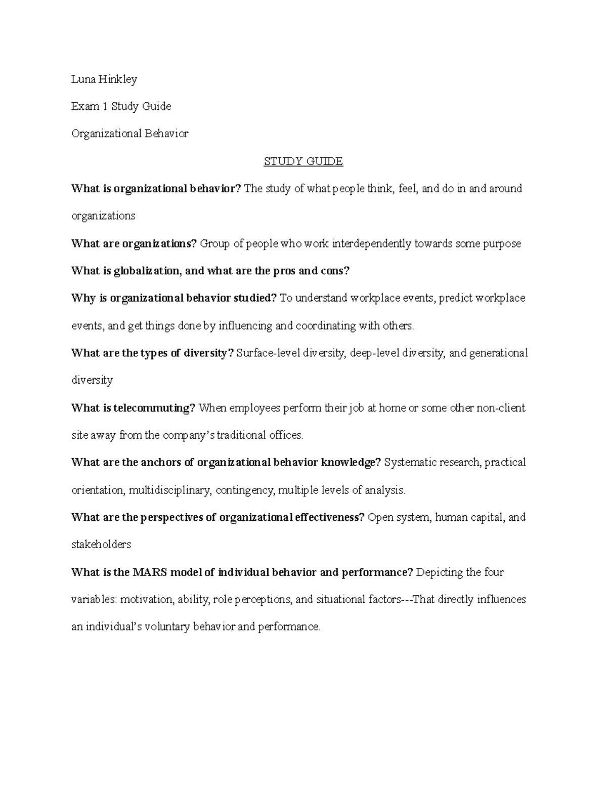Organizational Behavior 101: Exam 1 Study Guide & Key Concepts - Studocu