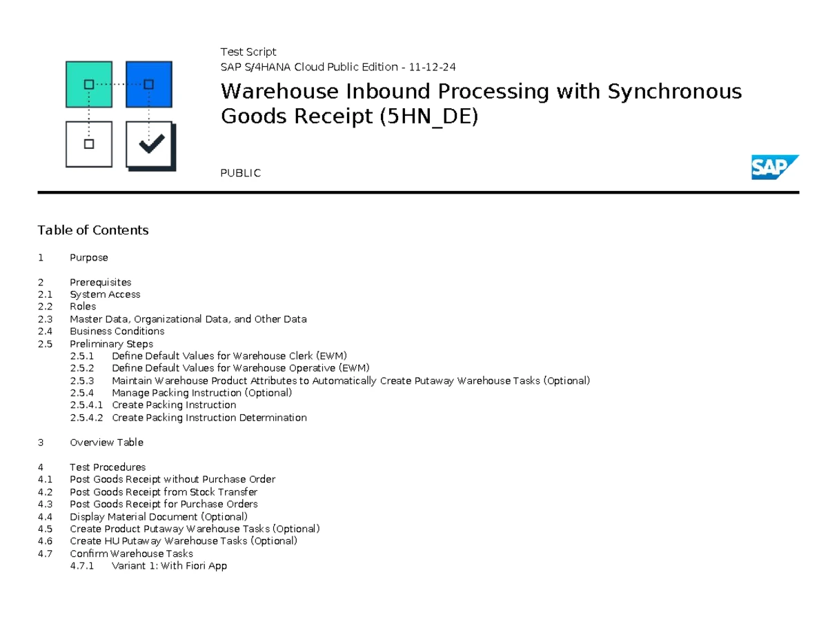 Test Script for SAP Cloud EWM Inbound Processing & Goods Receipt (5HN ...