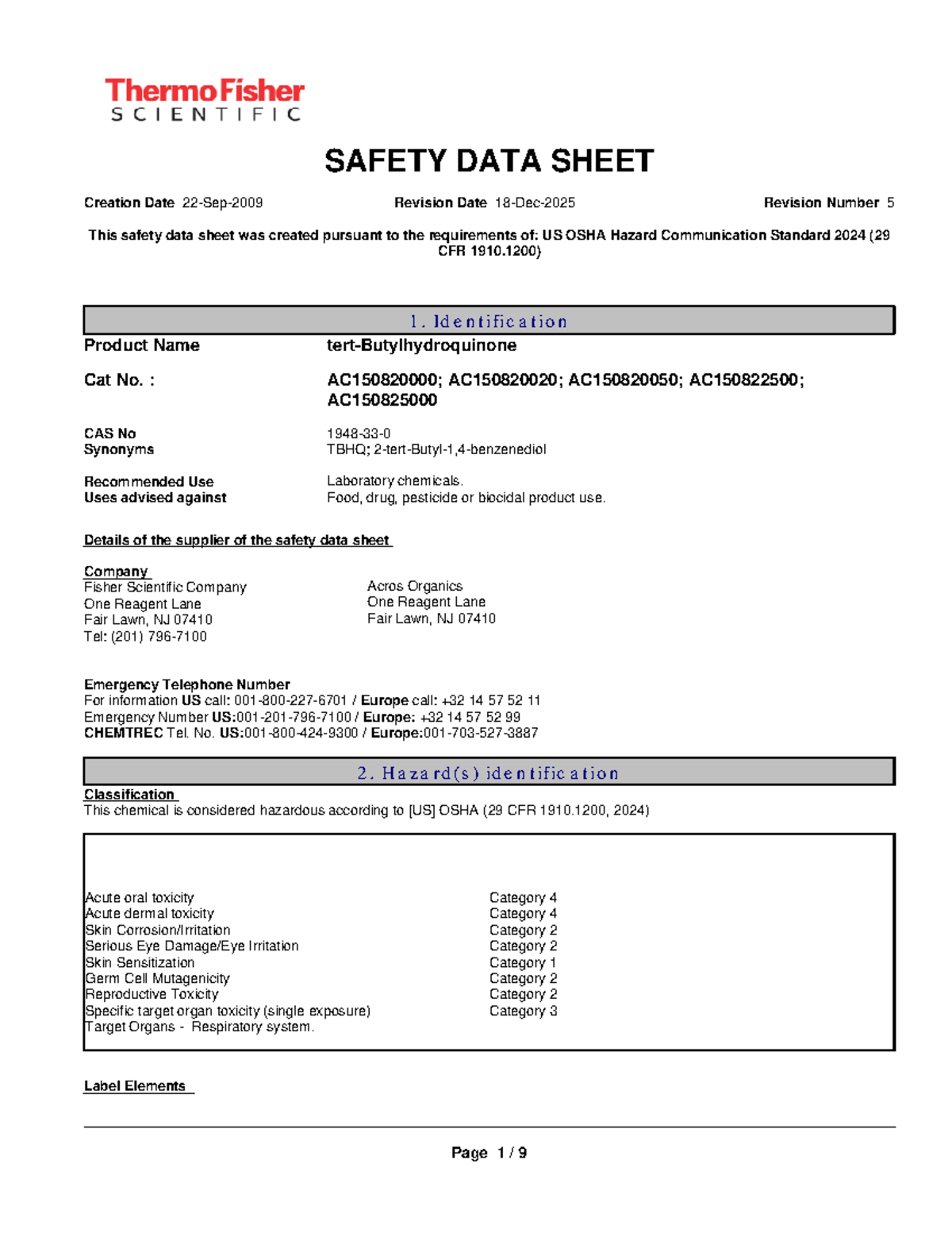 TBHQ Safety Data Sheet (SDS) - Revision 5 (OSHA 2024) - Studocu