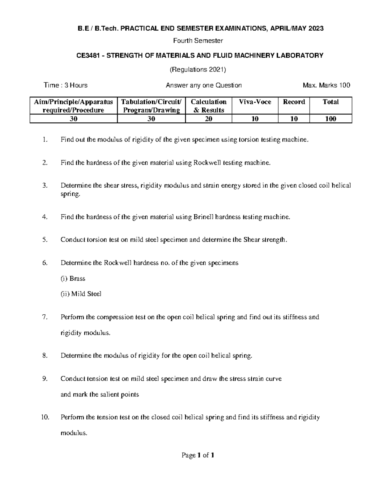 CE3481 Strength of Materials & Fluid Machinery Lab Exam 2023 - Studocu