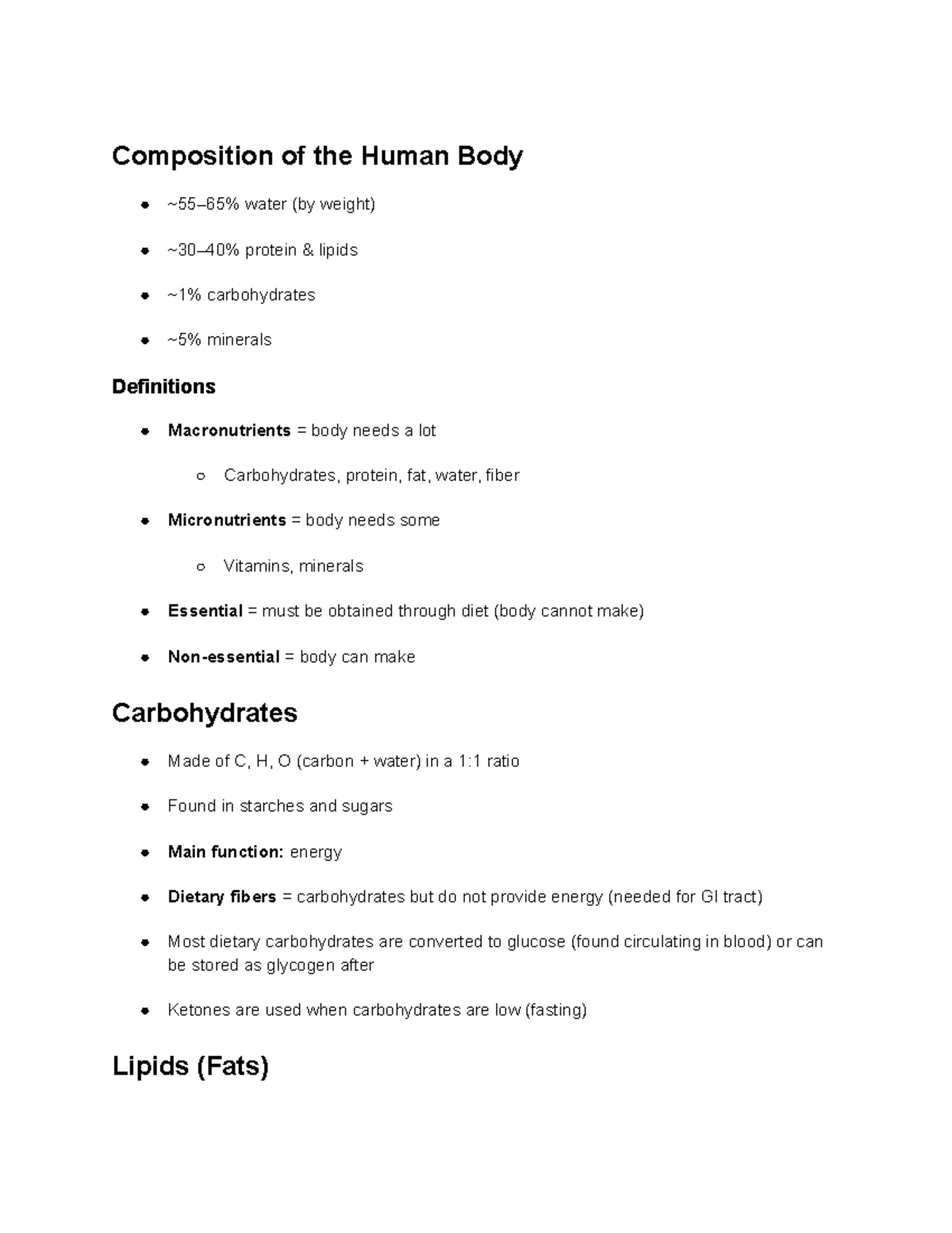 Human Nutrition Midterm 1: Composition of the Human Body - Studocu