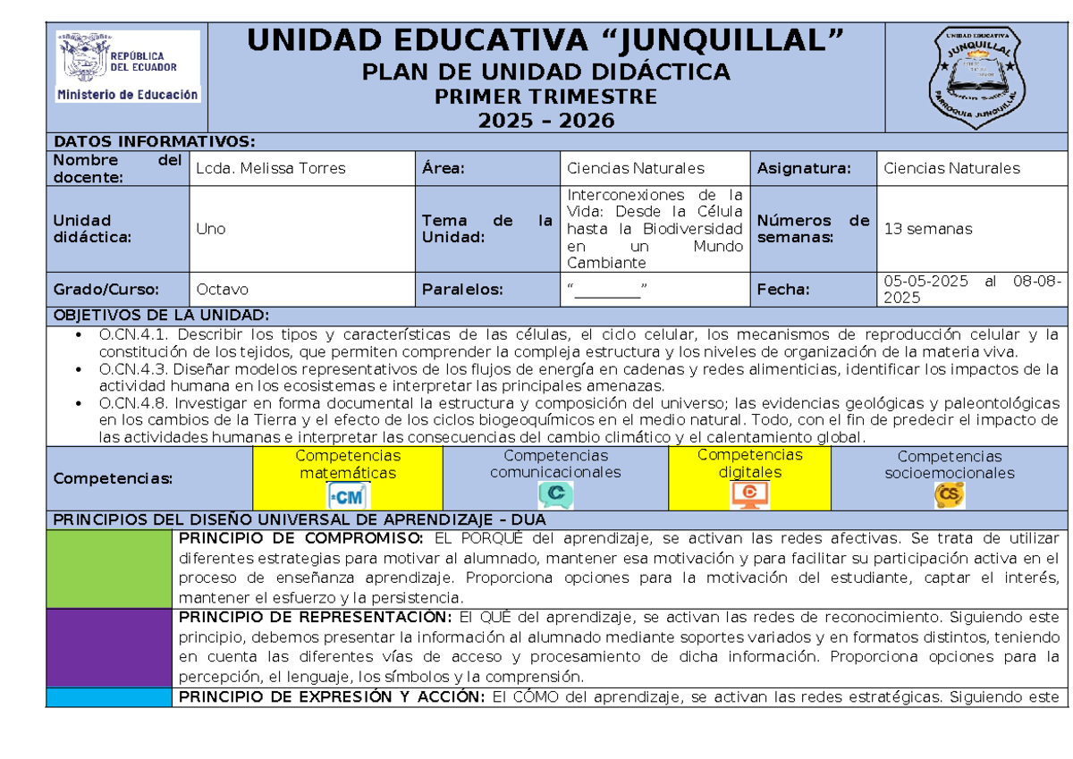Planificación DUA 8VO: Ciencias Naturales - Primer Trimestre 2025-2026 - Document Preview