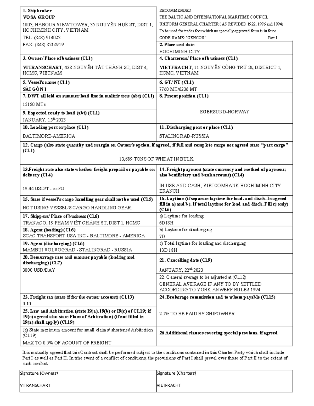 260 - Charter Party Agreement Template for VOSA Group - Studocu