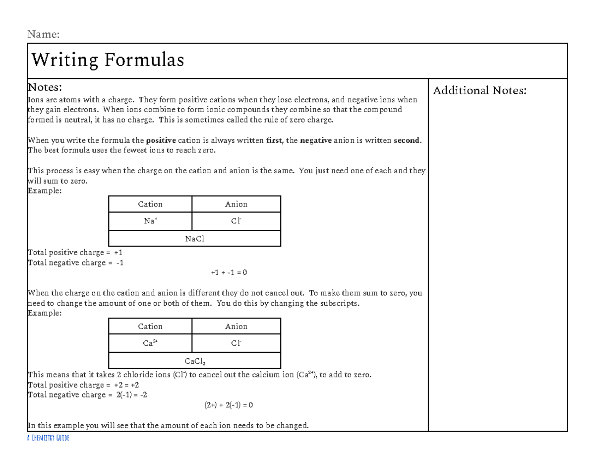 TPT 3-1 Writing Formulas Remote Notes - Honors Chemistry Guide - Studocu