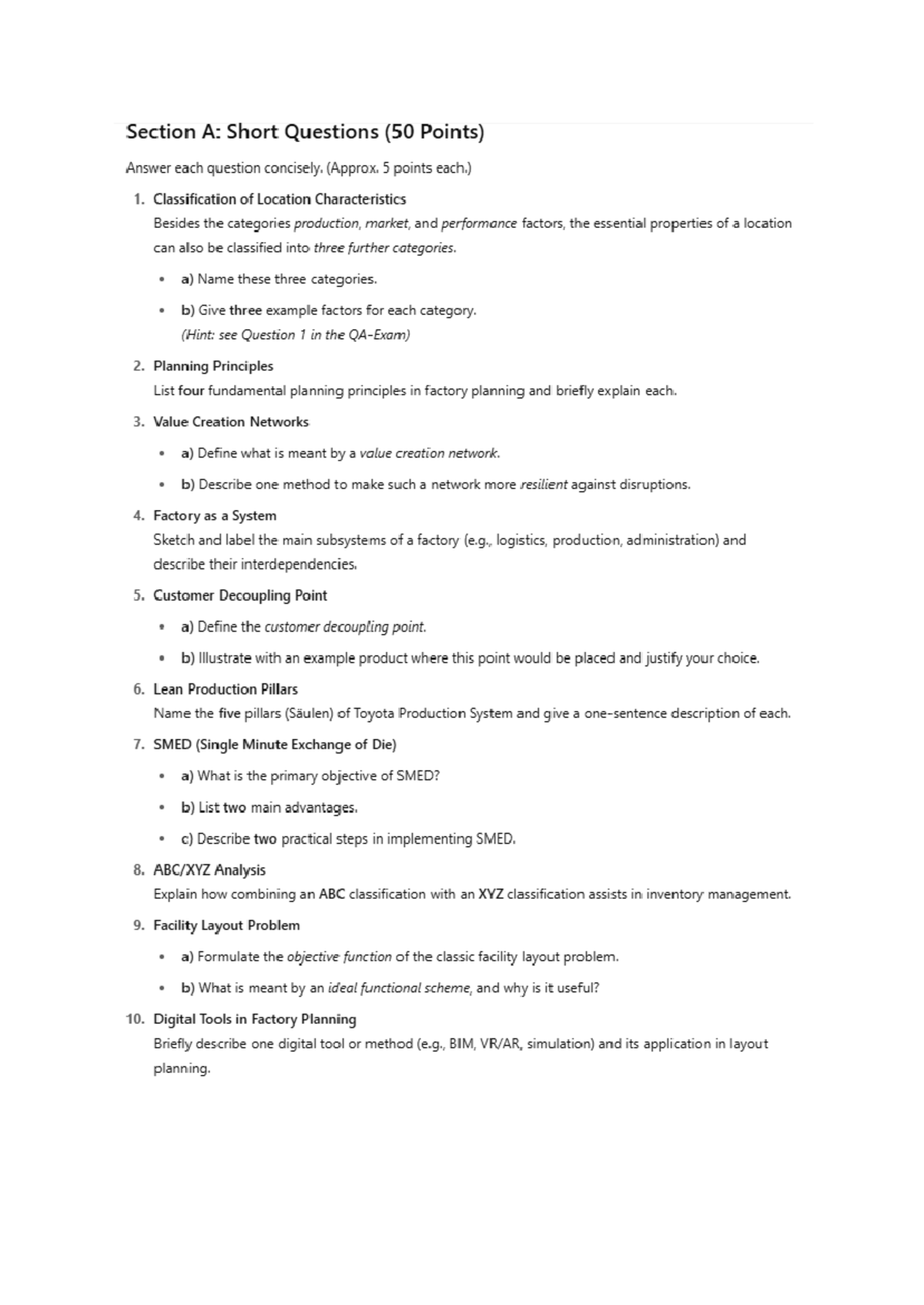 Mock Exam: Short Questions for Factory Planning (50 Points) - Studocu