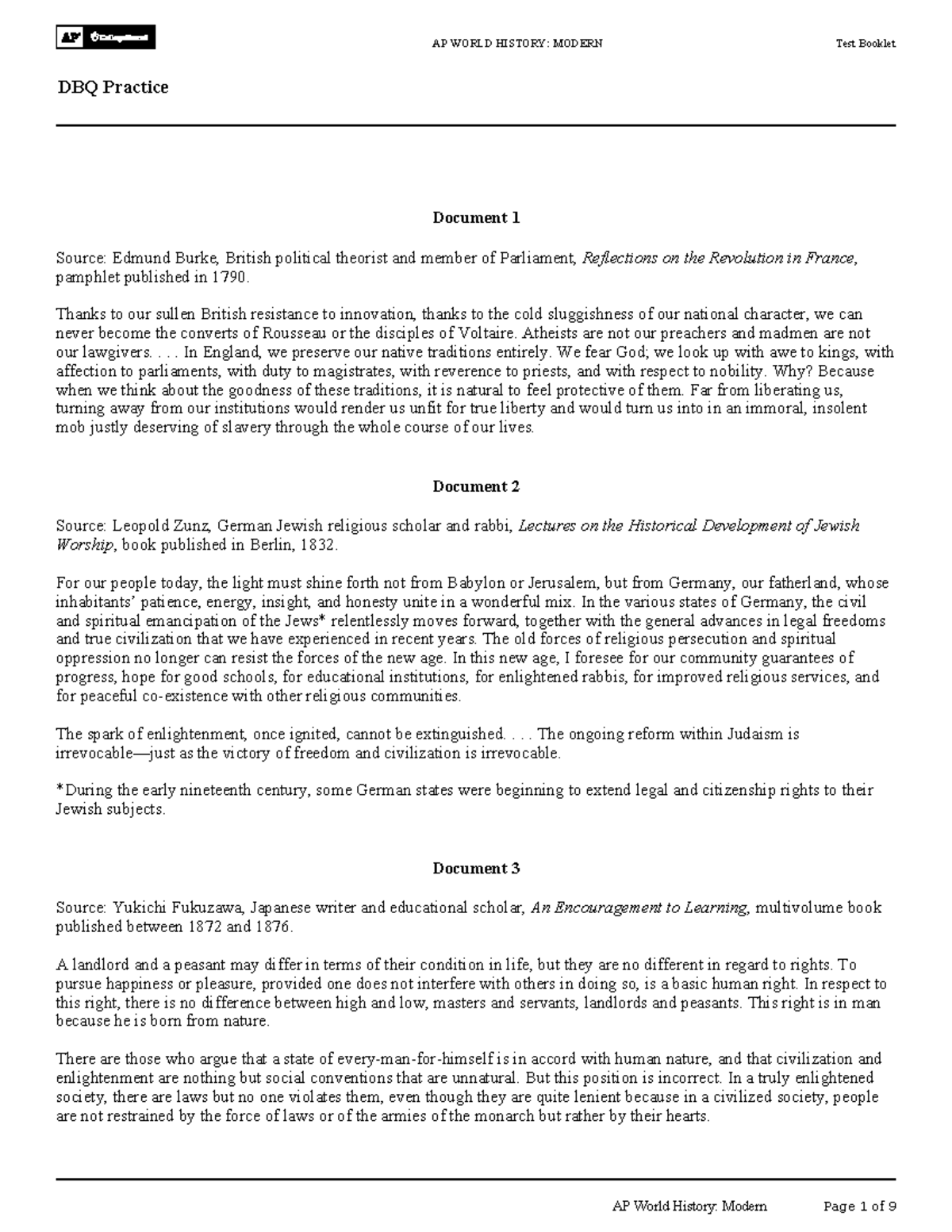 AP WORLD HISTORY: MODERN DBQ Practice Test Booklet - Studocu
