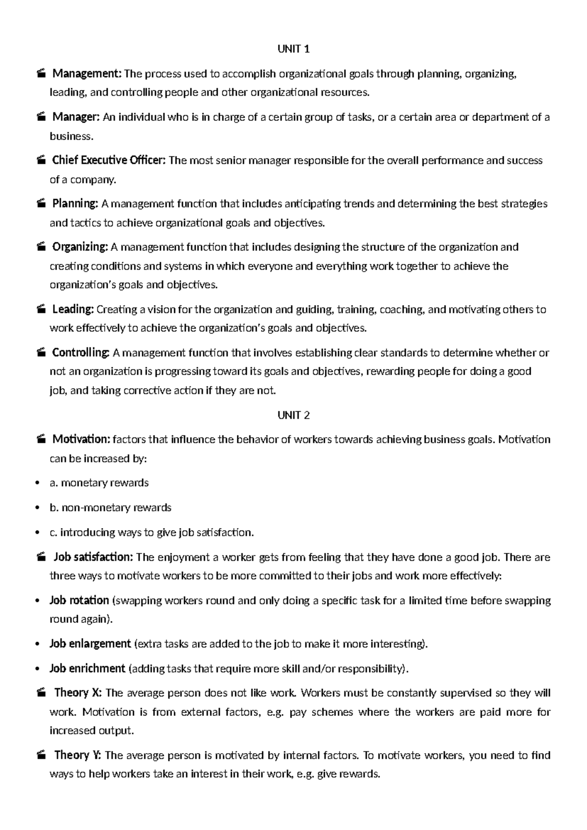 KEY Terms for Management and Business Concepts (Units 1-17) - Studocu