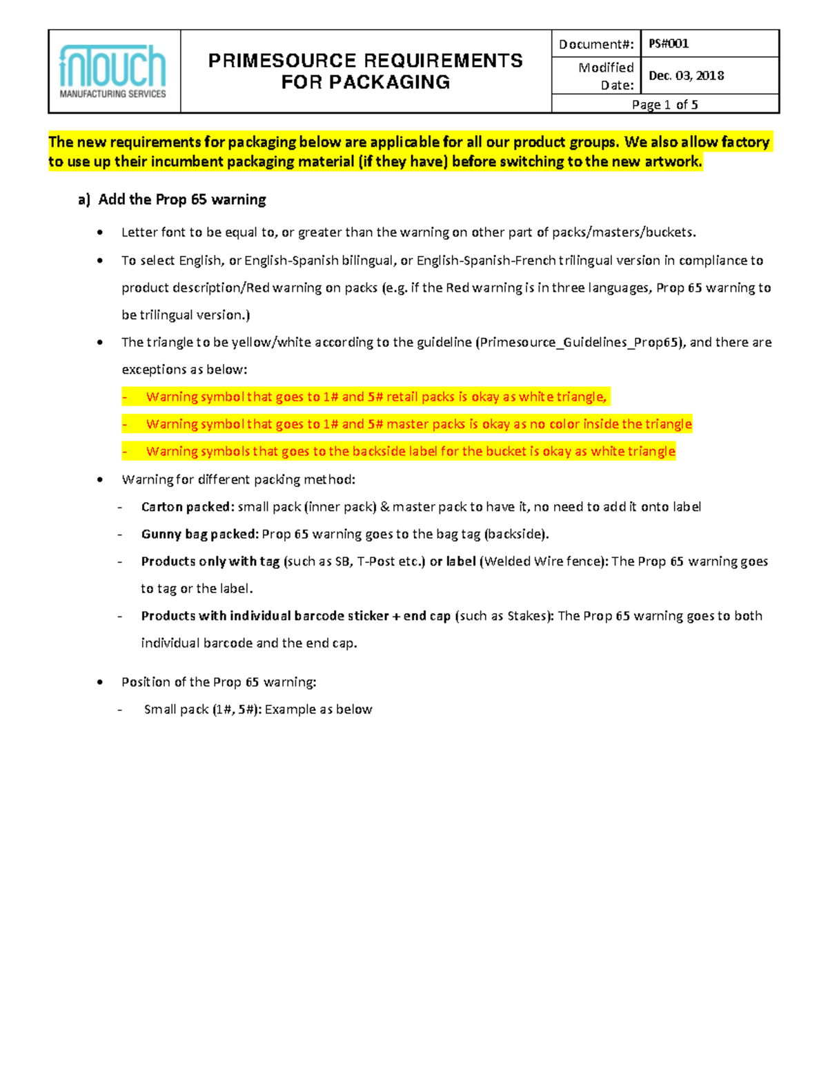 PRIMESOURCE Packaging Requirements Update (Rev. R1) - Dec. 2018 - Studocu