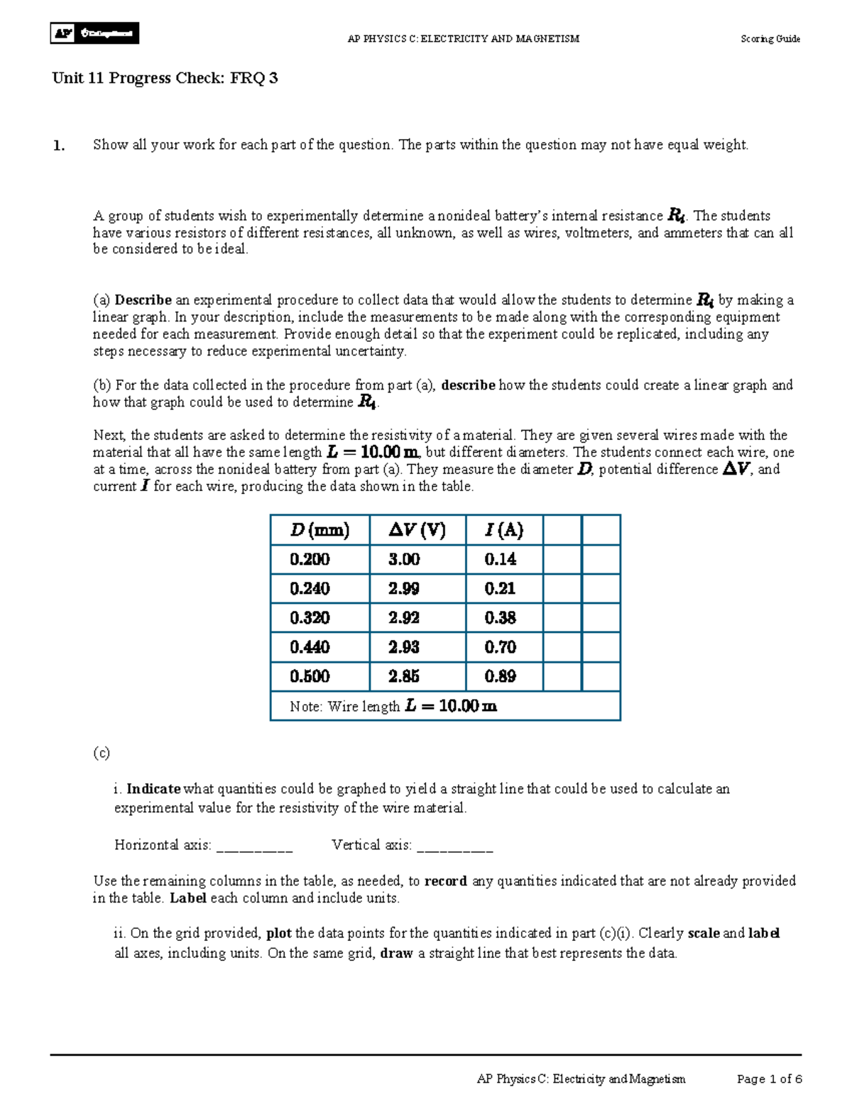 AP PHYSICS C: E&M Unit 11 Progress Check Scoring Guide FRQ 3 - Studocu