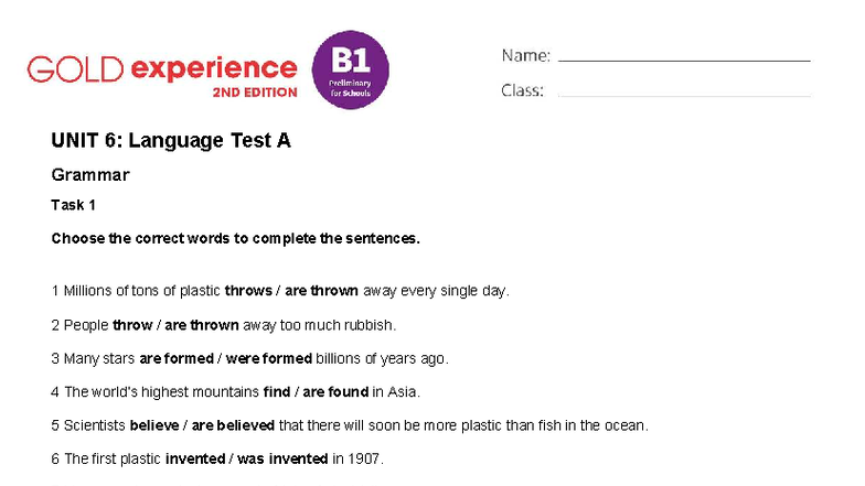 Gold Experience B1 Unit 6 Language Test A: Grammar Tasks - Studocu