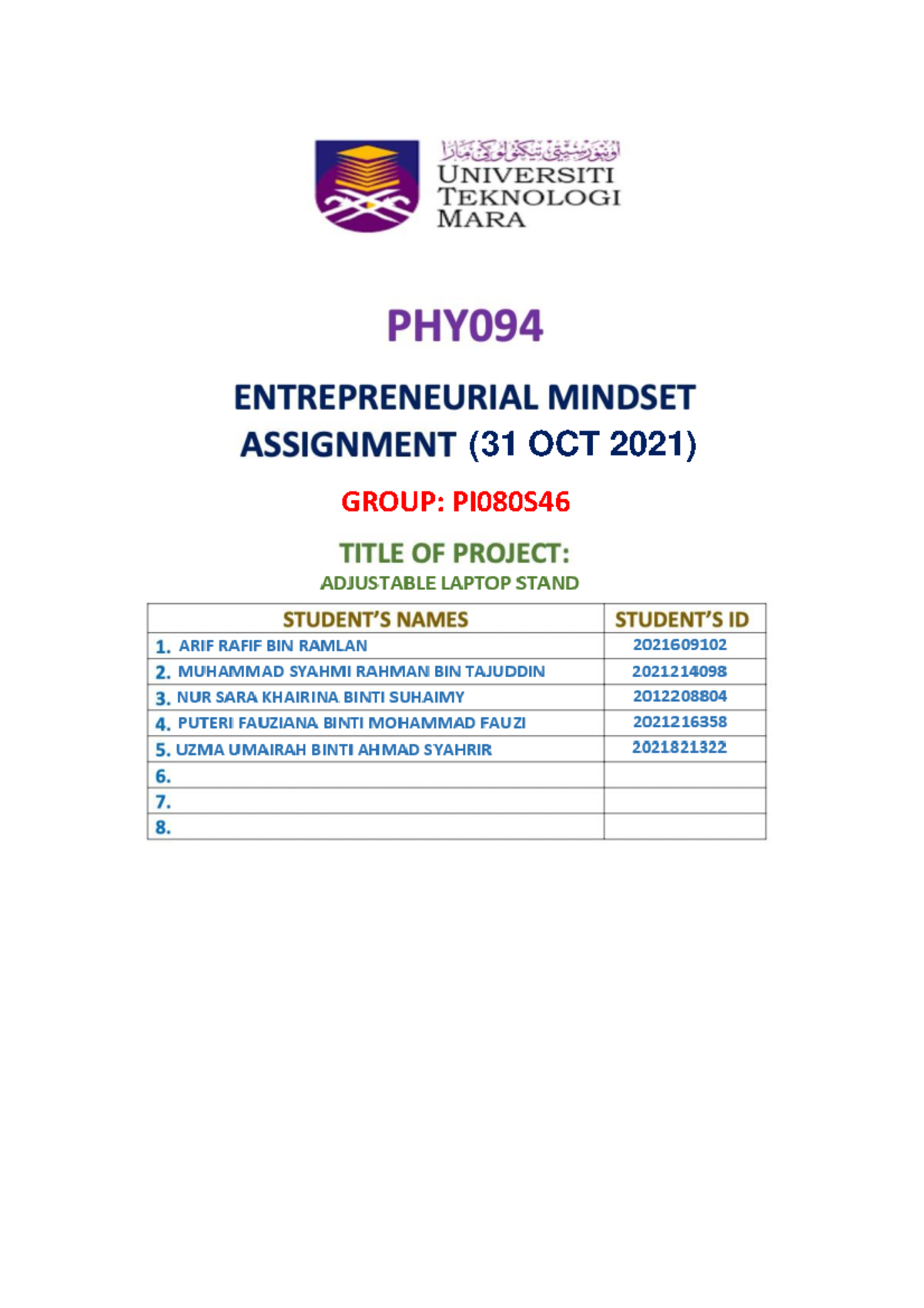 PHY094 ENT Mindset Assignment: Adjustable Laptop Stand Innovation - Studocu
