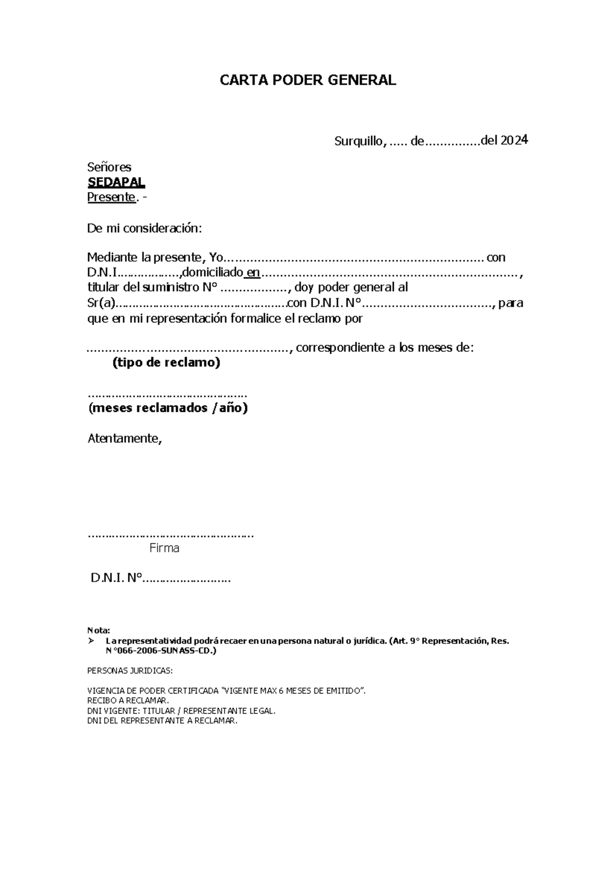 Carta Poder General - ENVIOS - CARTA PODER GENERAL Surquillo, ..... de ...