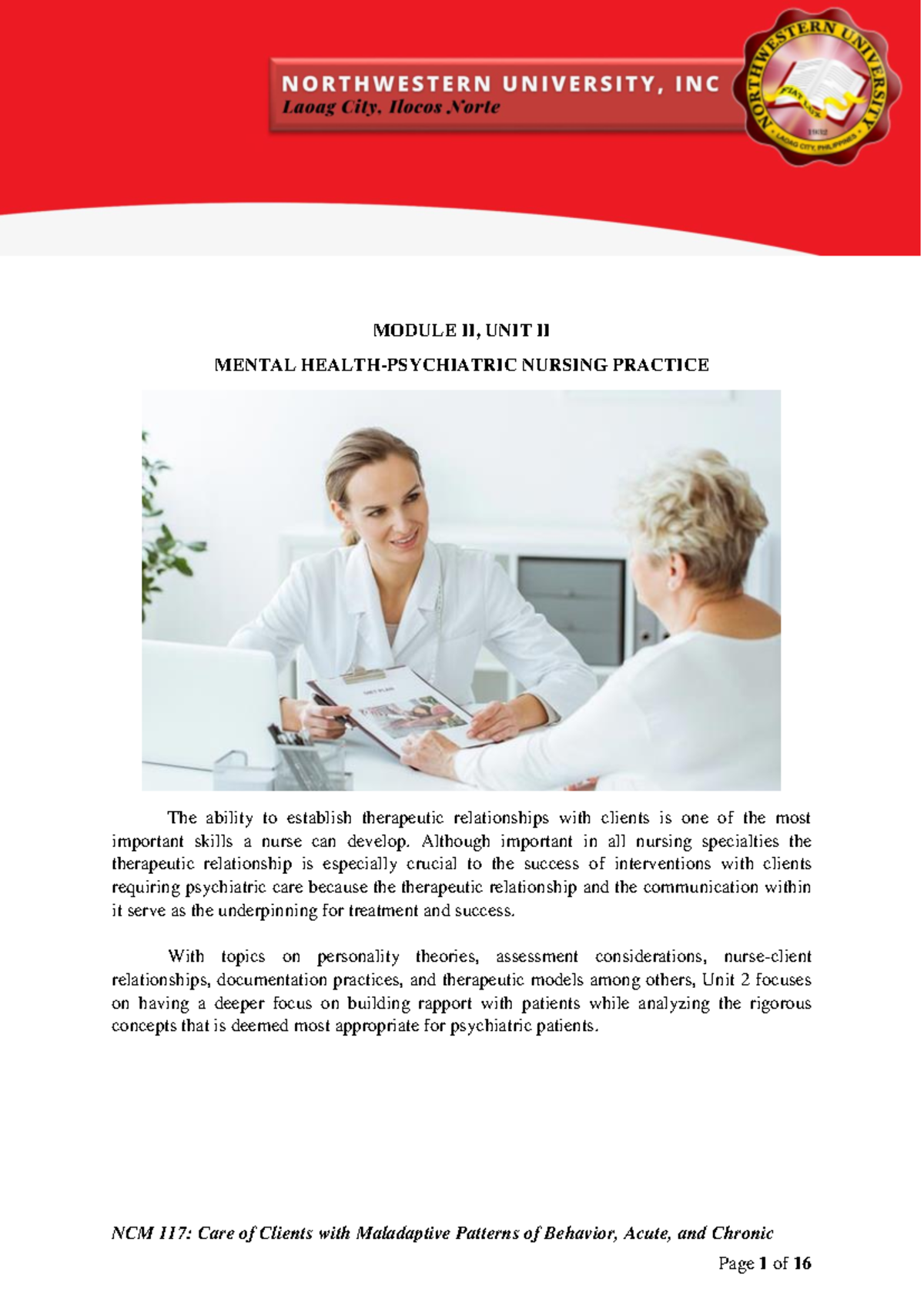 NCM 117 Unit 2: Key Concepts in Mental Health Psychiatric Nursing - Studocu