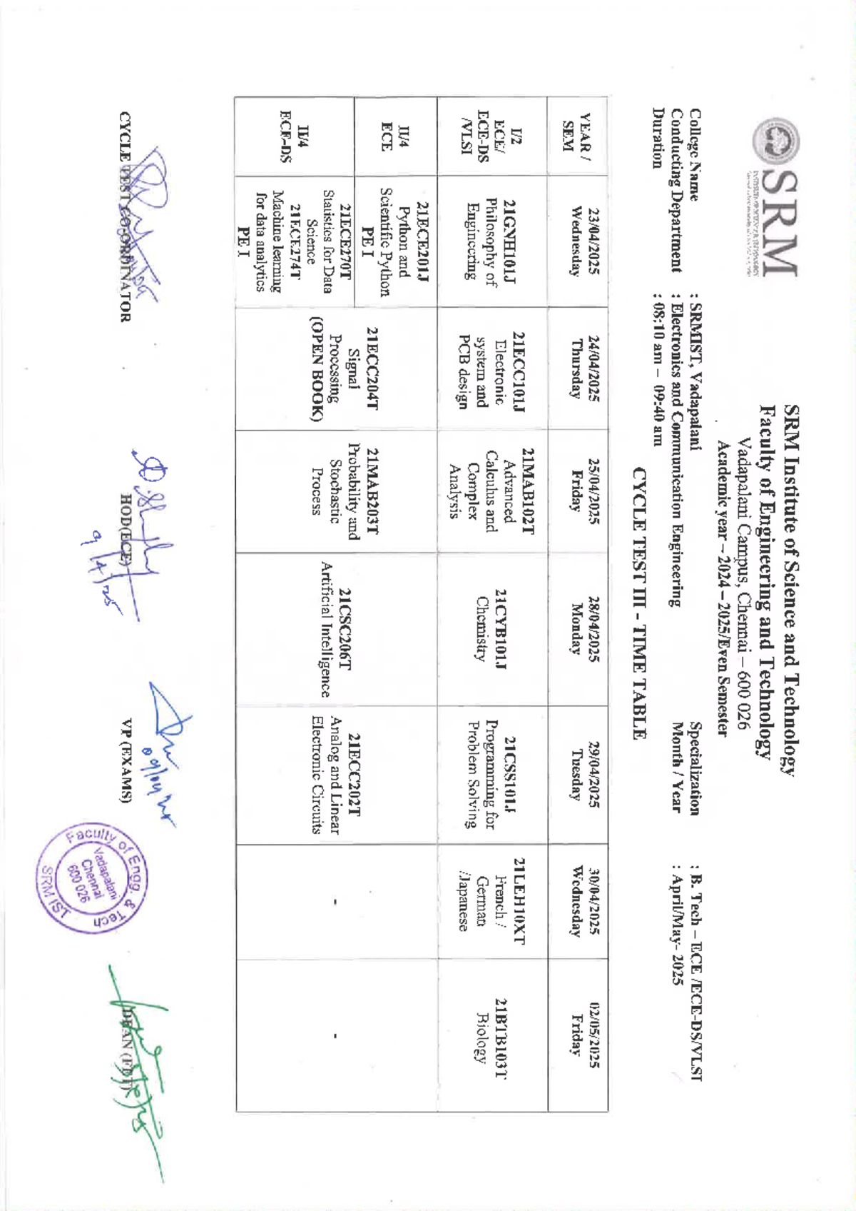 ECE-DS CT03 Cycle Test Time Table for B. Tech ECE Students - Studocu