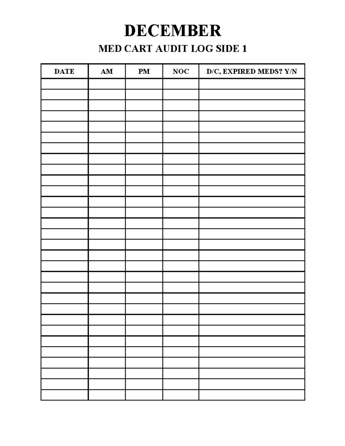 MED CART Audit LOG - NONE - VN300 - DECEMBER MED CART AUDIT LOG SIDE 1 ...