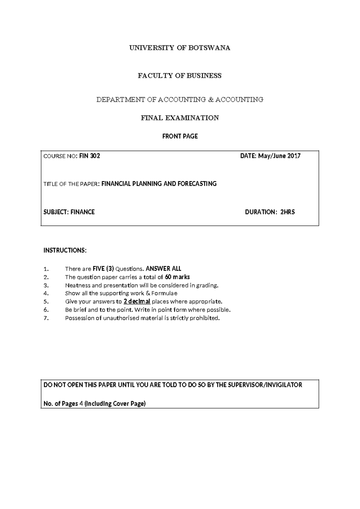 FIN 302 Final Exam - Financial Planning and Forecasting 2017 - Studocu