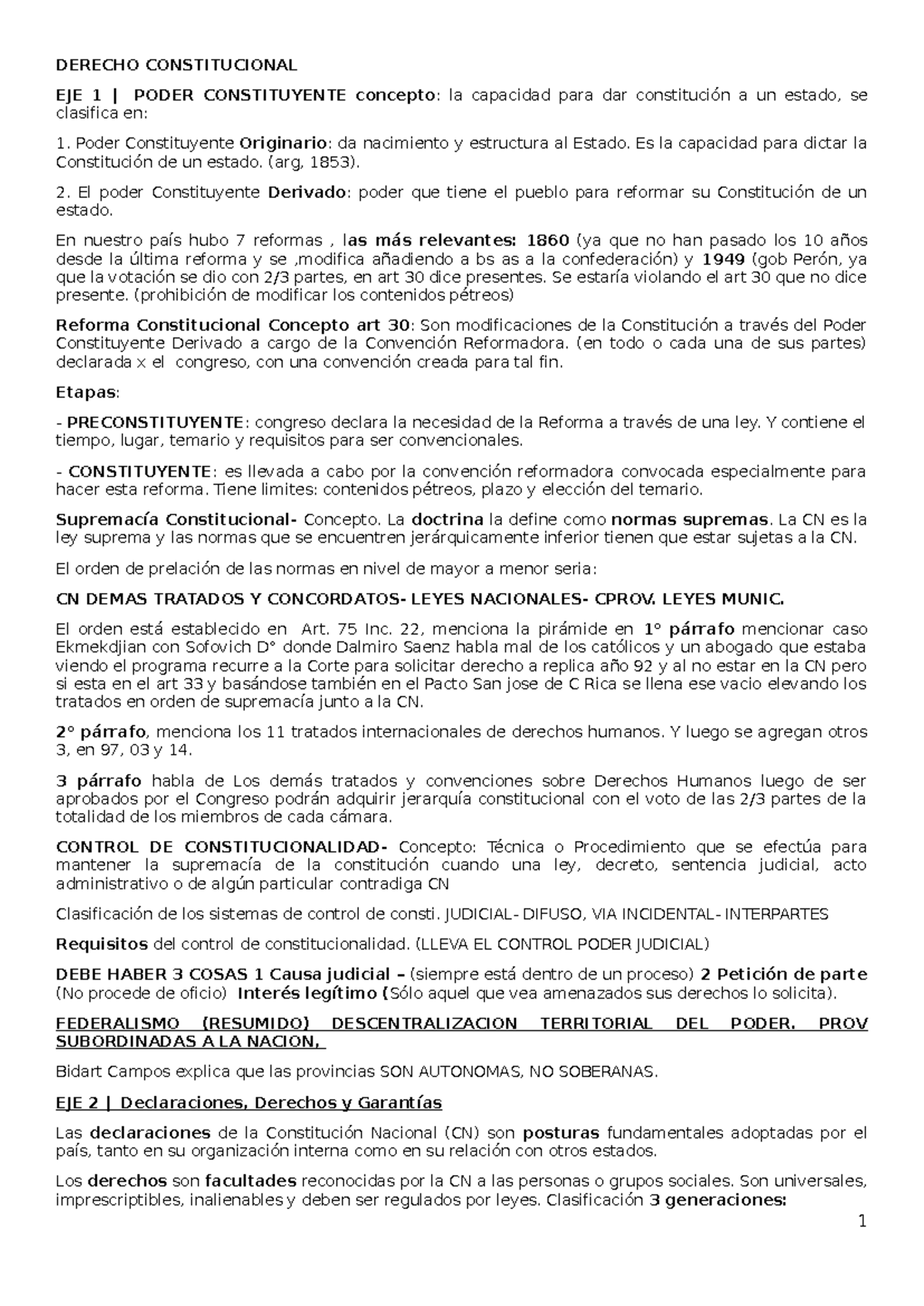Resumen de Derecho Constitucional EJE 1: Poder Constituyente y ...
