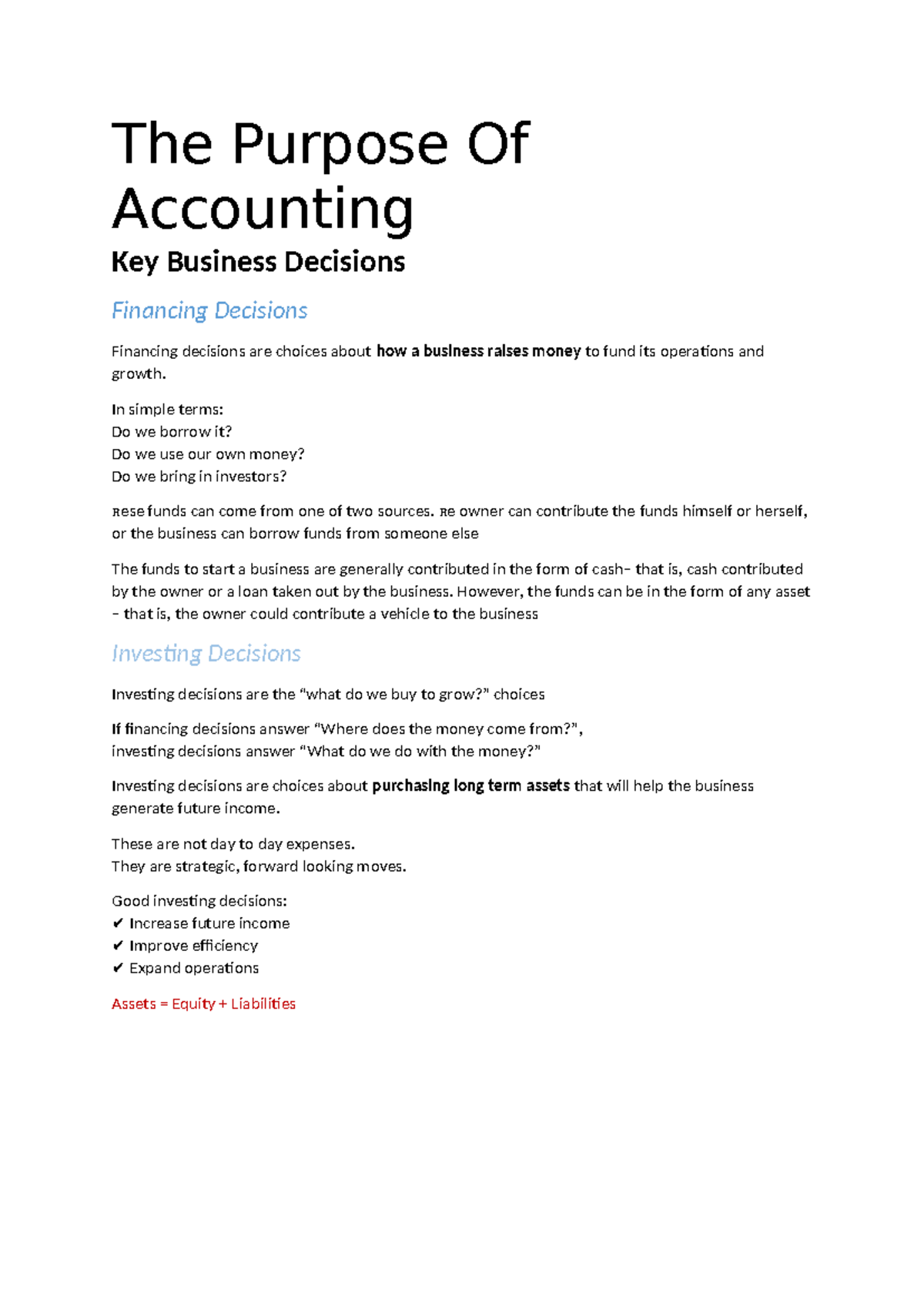 The Purpose of Accounting: Key Business Decisions Explained - Studocu
