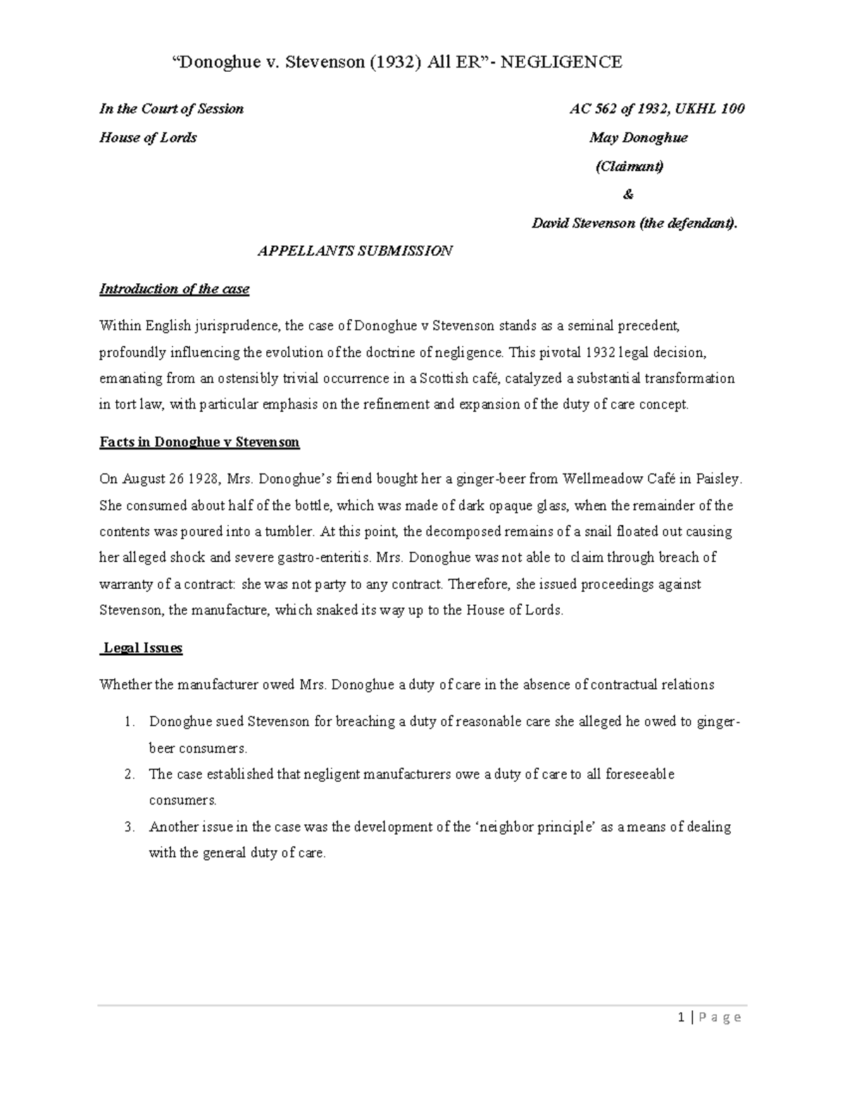 Torts Case Study: Donoghue v. Stevenson (1932) Insights & Analysis ...