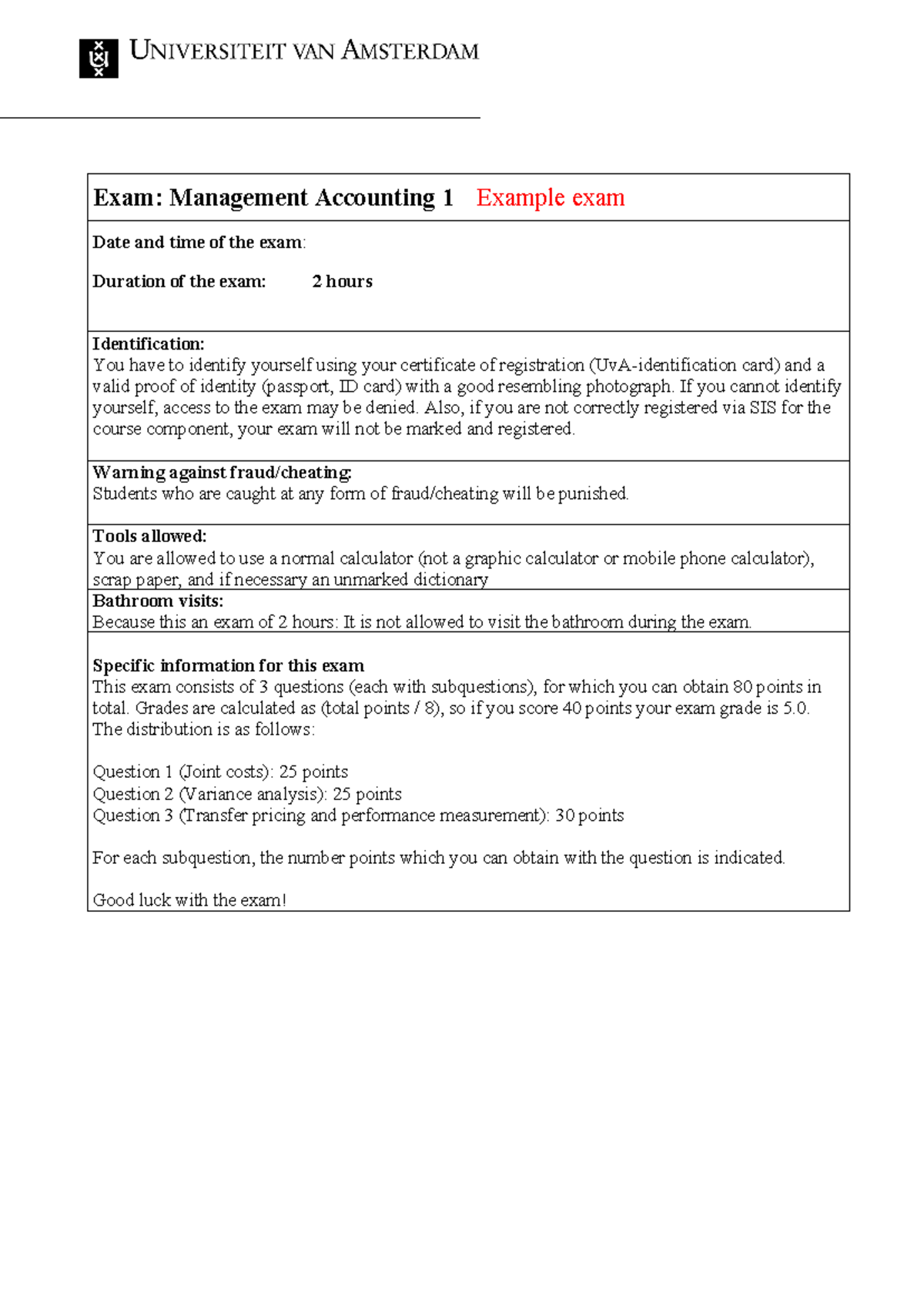 Example Final Exam MA 1 - Management Accounting 1 Practice Test ...