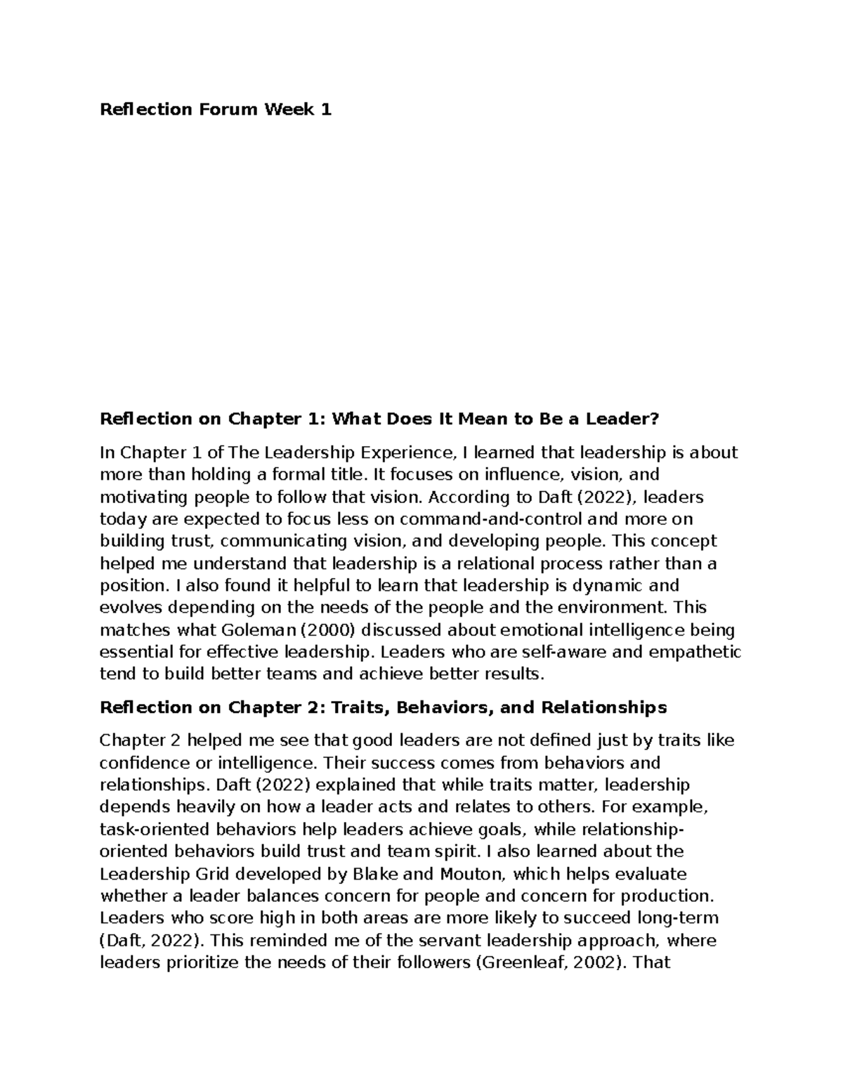 Reflection Forum Wk 1: Insights from Leadership Experience Ch. 1 & 2 ...