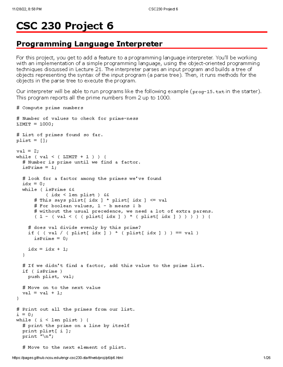 CSC230 Project 6 - Programming Language Interpreter Implementation ...