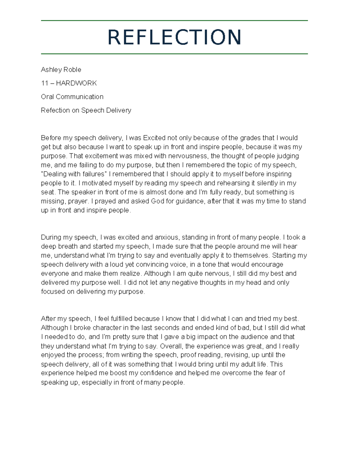 REFLECTION ON SPEECH DELIVERY - COMM 11 - Studocu
