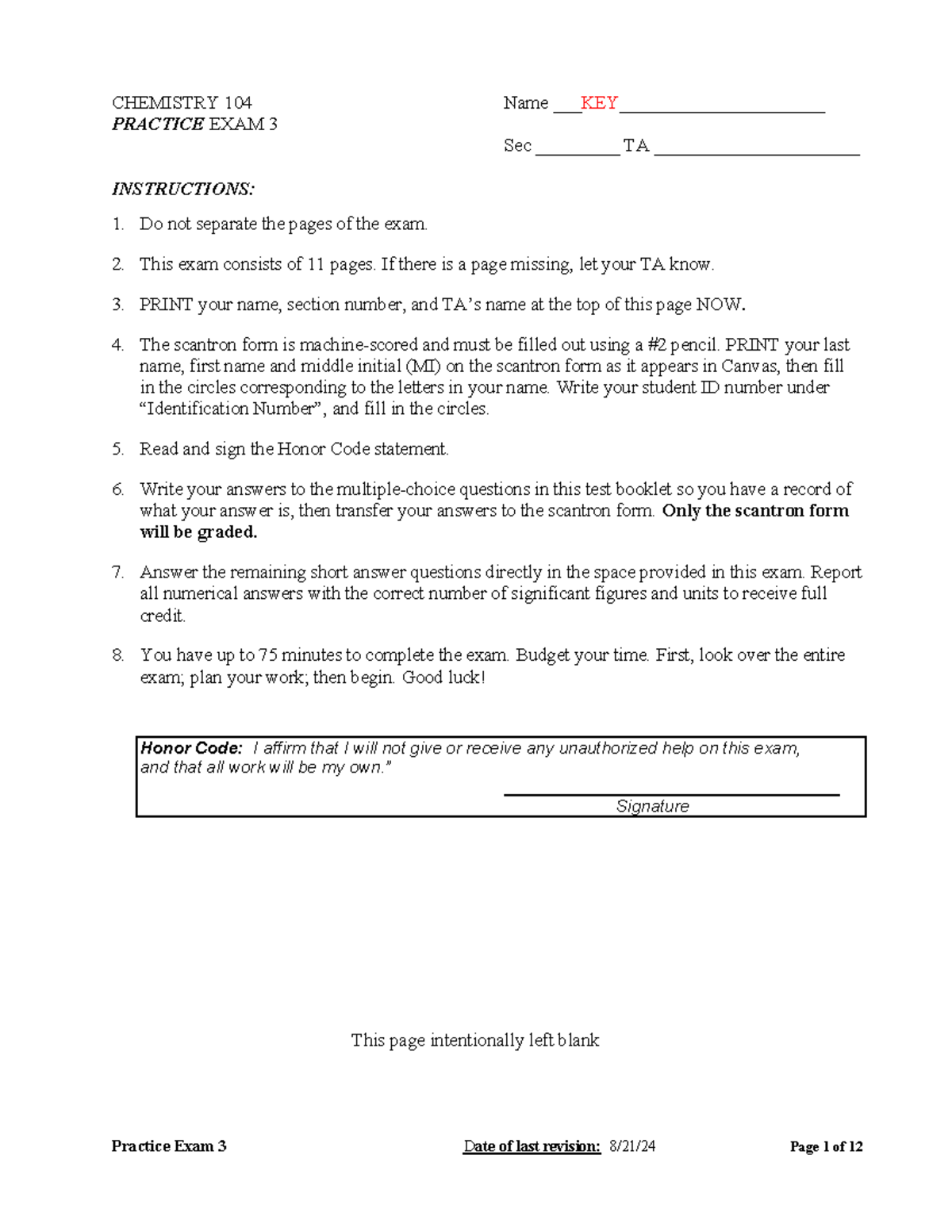 Practice Exam 3 Solutions and Key Concepts for CHEM 104 - Studocu